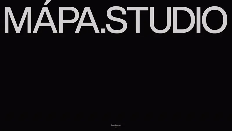 Website homepage with large white MÁPA.STUDIO wordmark on black and a scroll down prompt, for Mápa Studio.