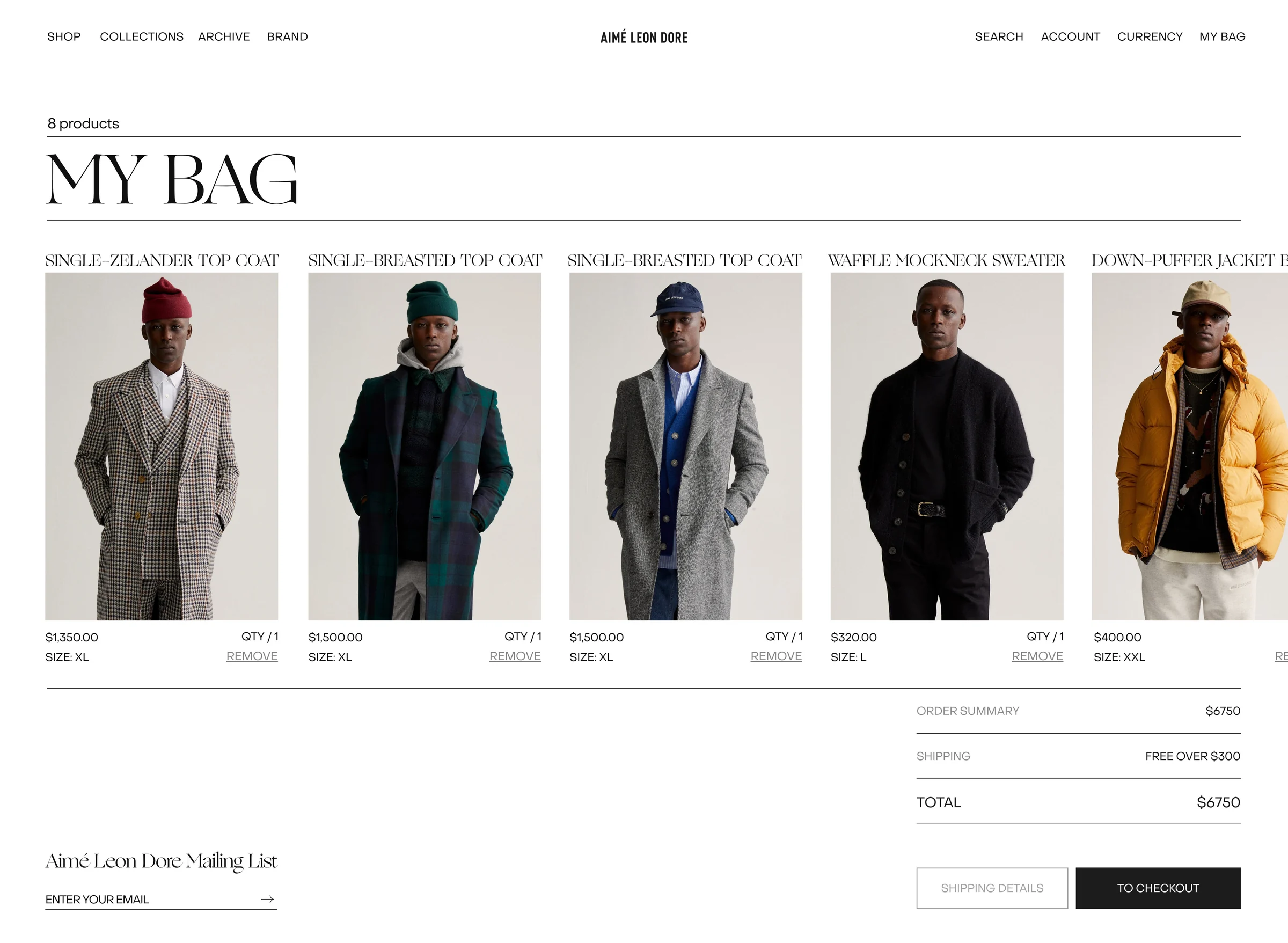 Shopping bag web page listing five menswear items with model photos, prices and an order summary, for Aimé Leon Dore.
