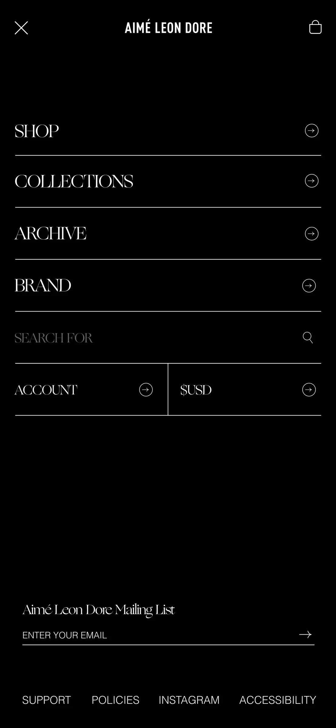 Mobile menu screen on black with Shop, Collections, Archive and Brand links, search and mailing list, for Aimé Leon Dore.