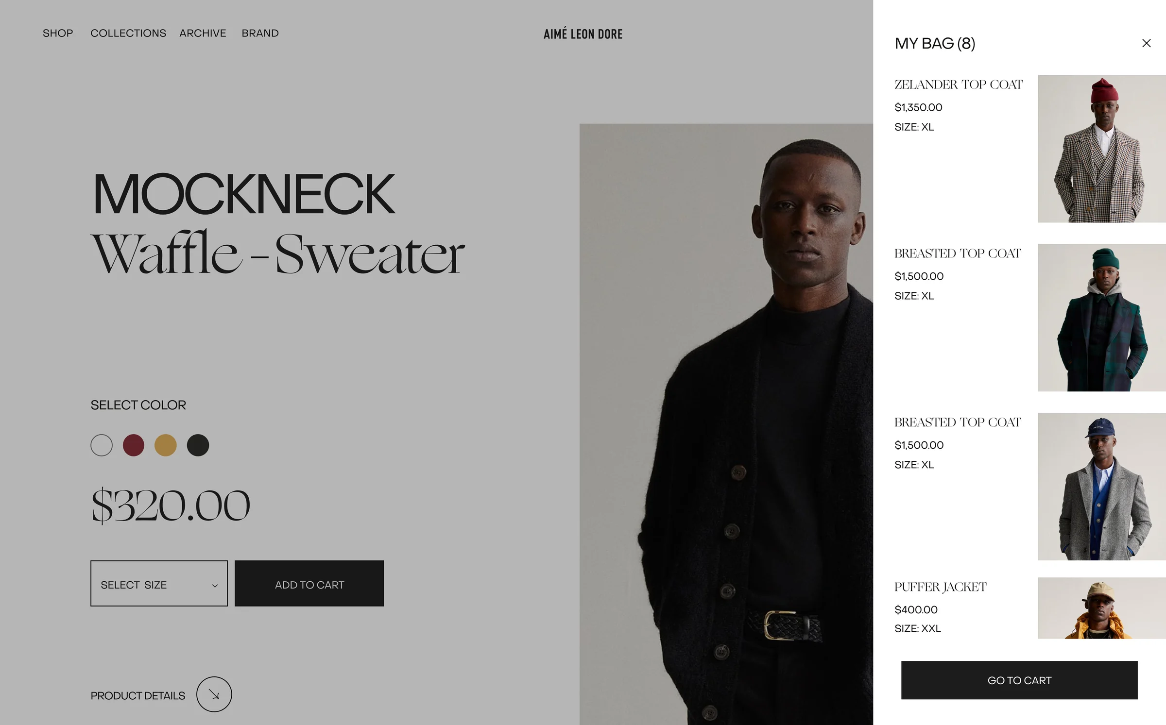 Product page for a black mockneck waffle sweater with colour swatches and an open shopping bag panel, for Aimé Leon Dore.