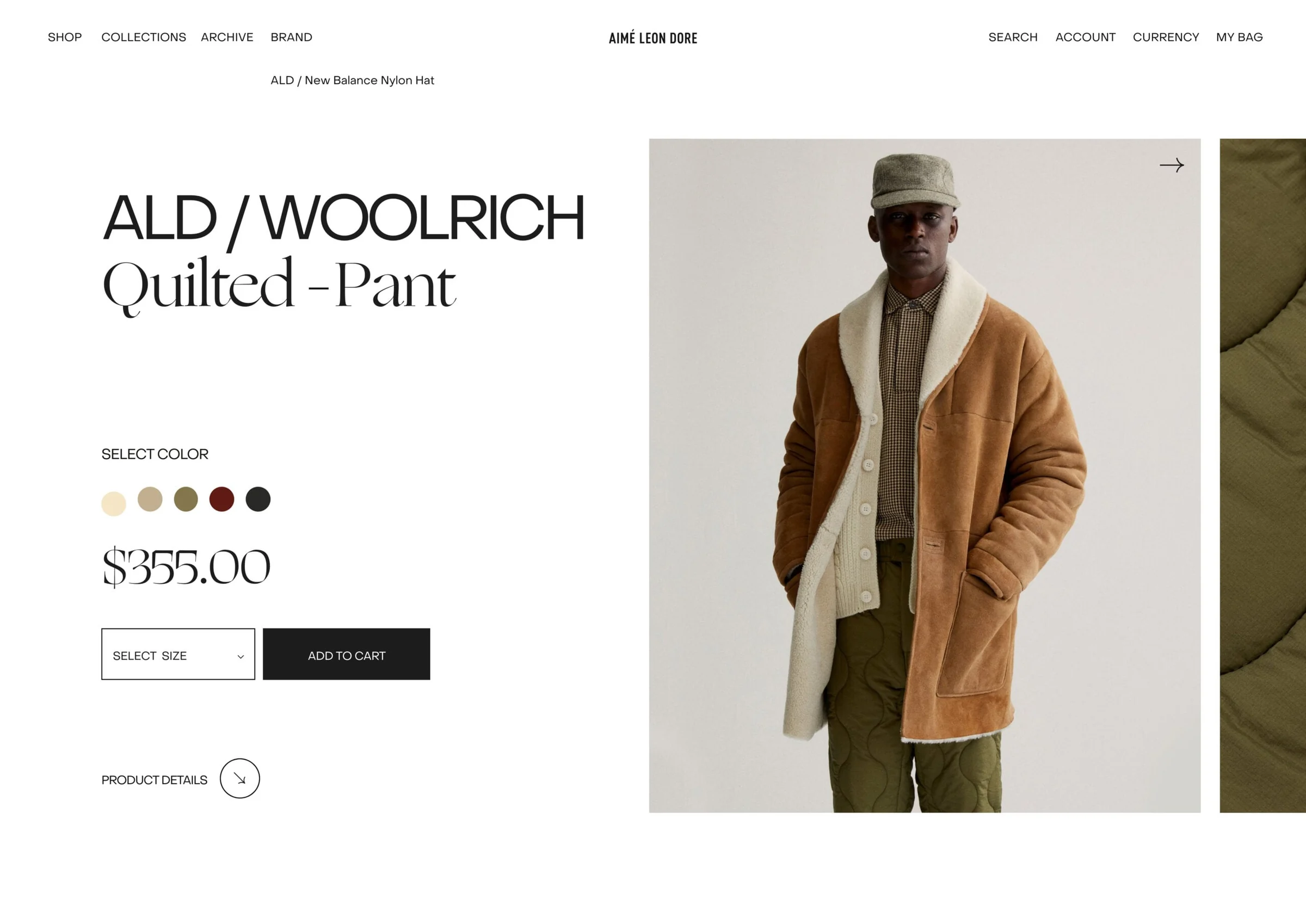 Product page for an ALD / Woolrich quilted pant, model in suede shearling coat, colour swatches and add to cart, for Aimé Leon Dore.