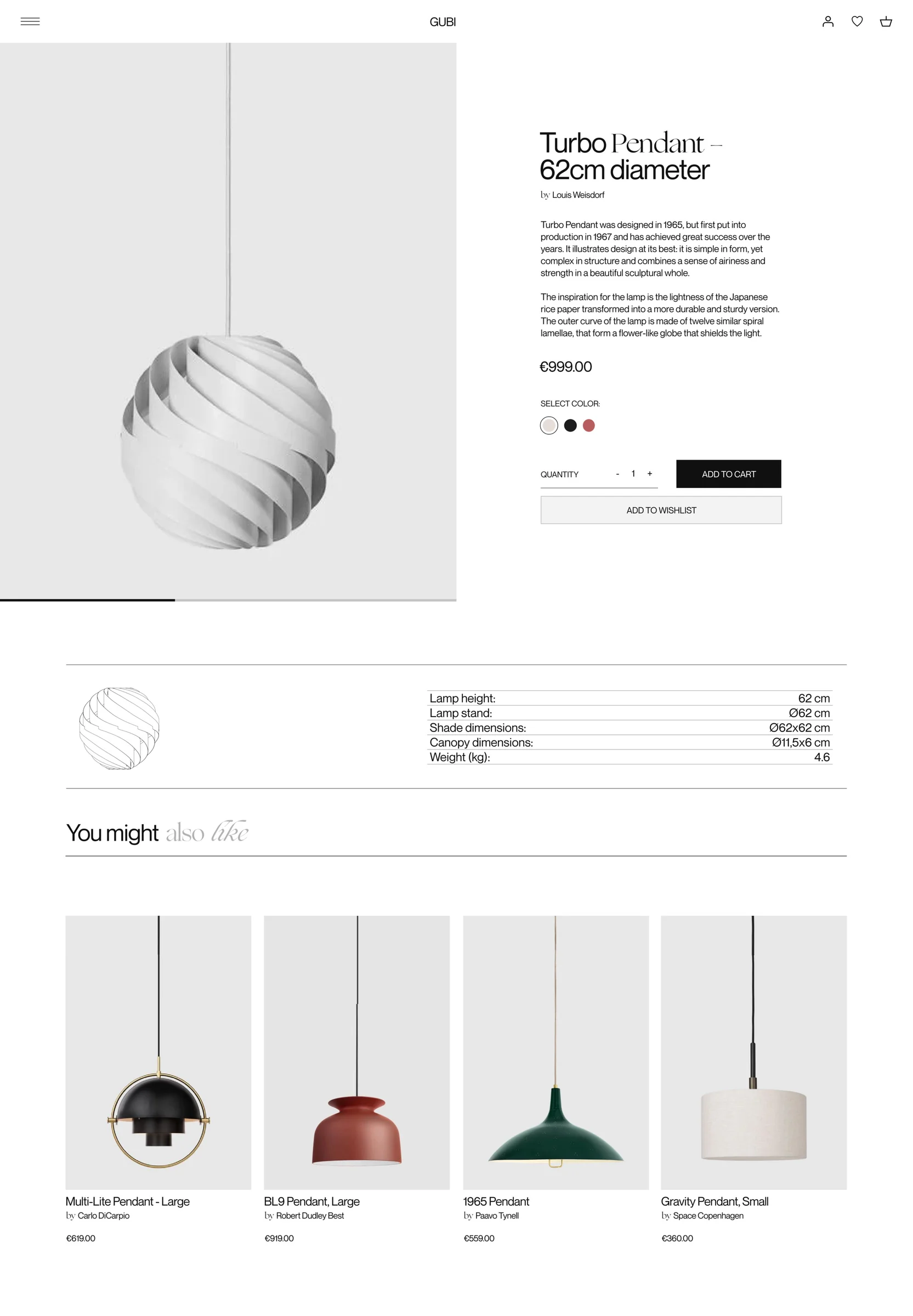 Product page layout for the white Turbo Pendant lamp with specs and related pendant lights, for GUBI.