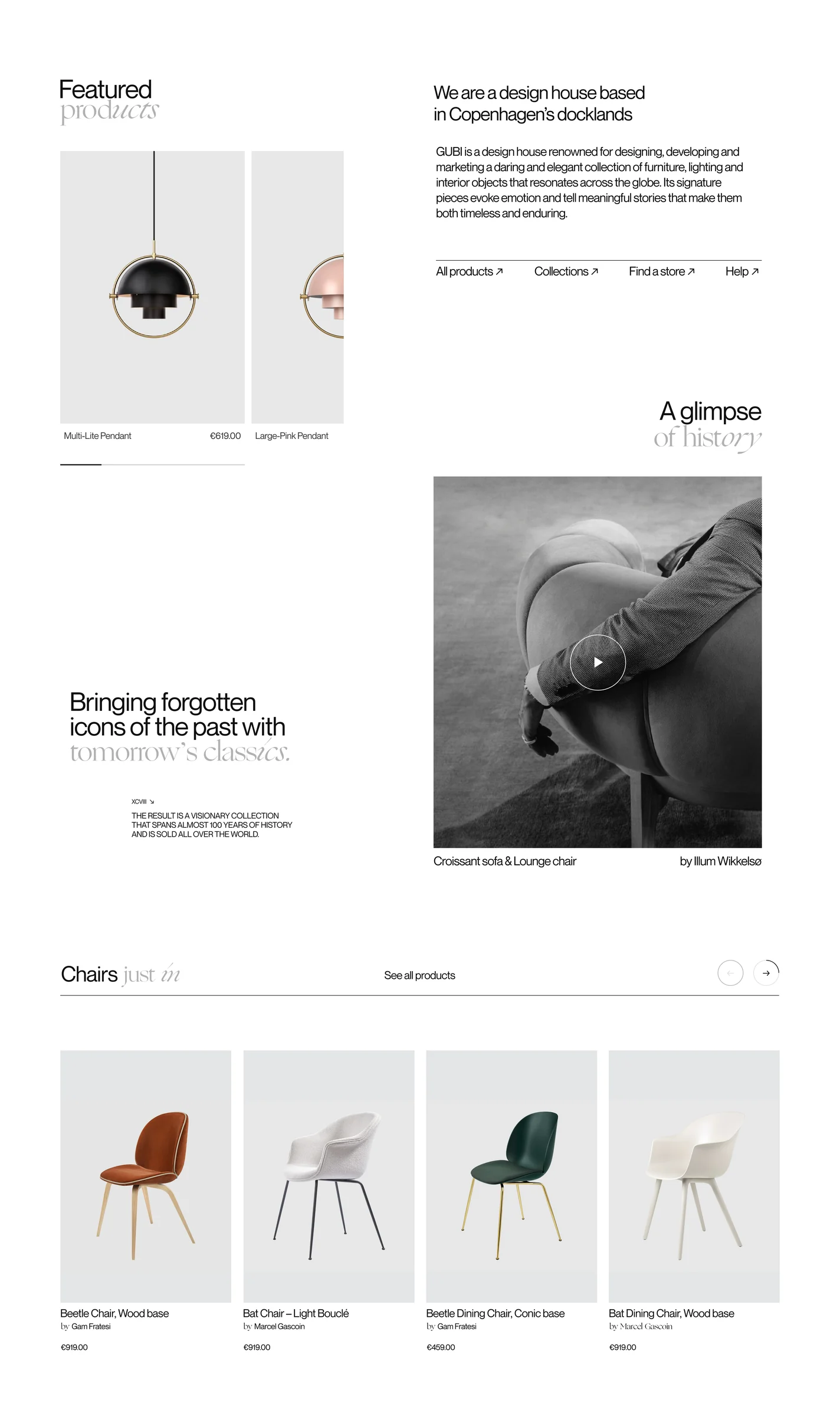 Website homepage layout with featured pendant lamps, a black-and-white lounge chair video and a row of chairs, for GUBI.