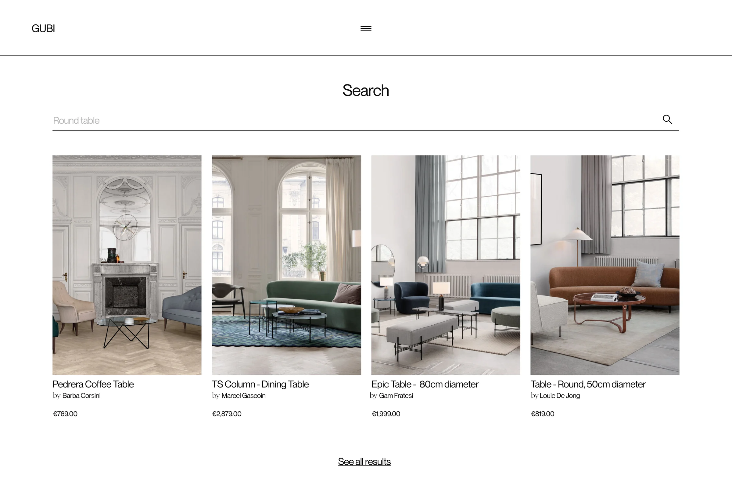 Website search results page showing four coffee and dining tables in styled living rooms with prices, for GUBI.