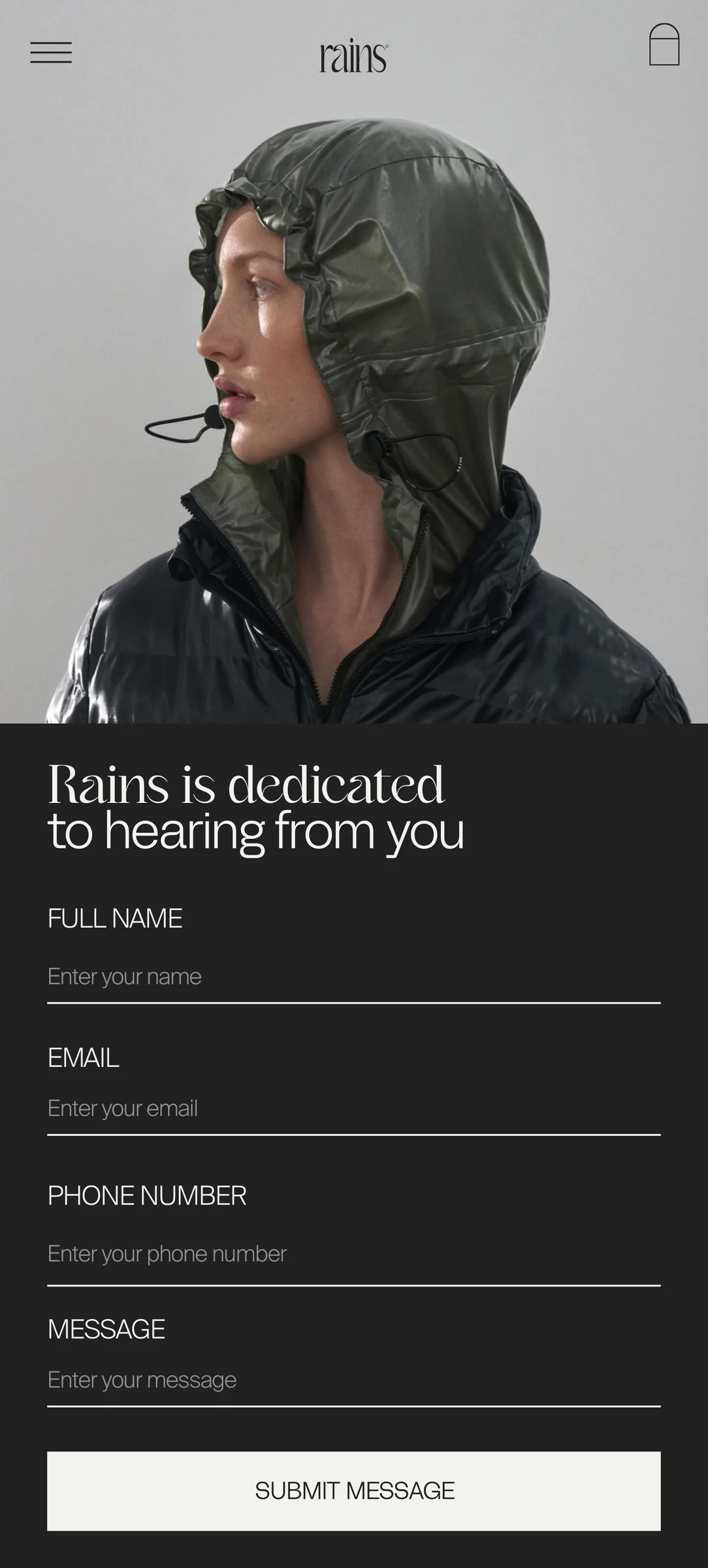 Mobile contact page with a model in a green hooded rain jacket above a dark form with name, email and message fields, for Rains.
