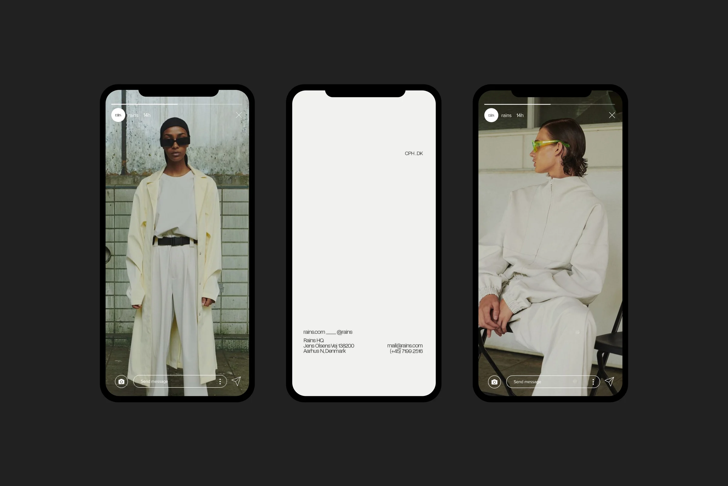 Three phone screens showing Instagram stories of models in off-white outfits and a contact details card, for Rains.