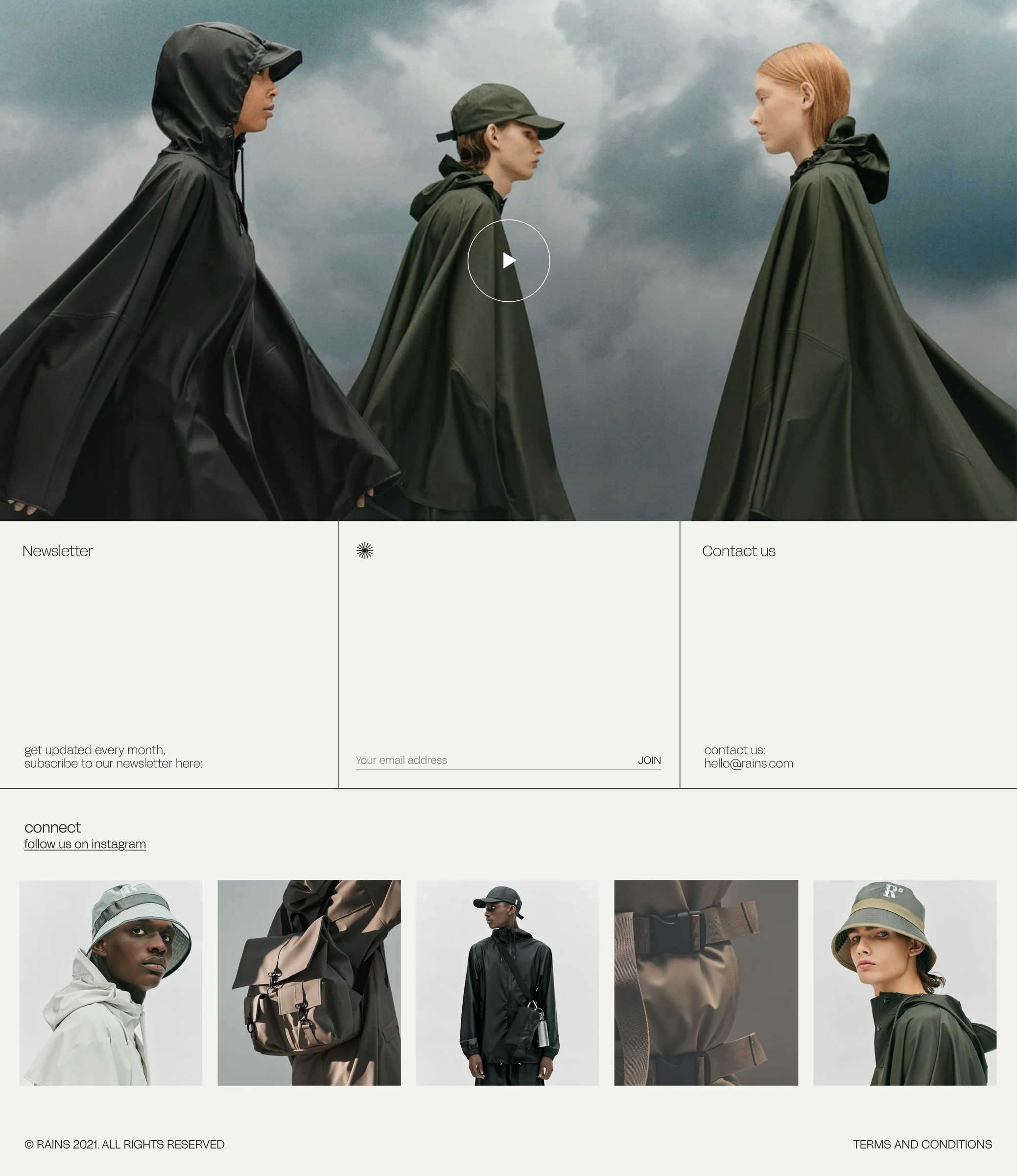 Website page with models in dark rain capes, newsletter and contact panels, and an Instagram grid, for Rains.