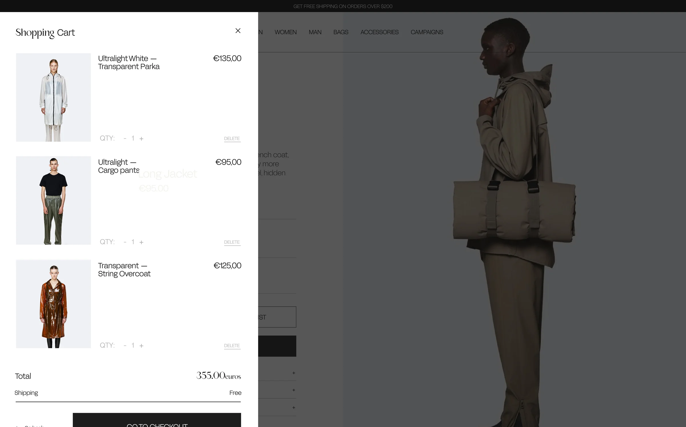 Website shopping cart drawer listing a parka, cargo pants and overcoat over a product page with a model, for Rains.