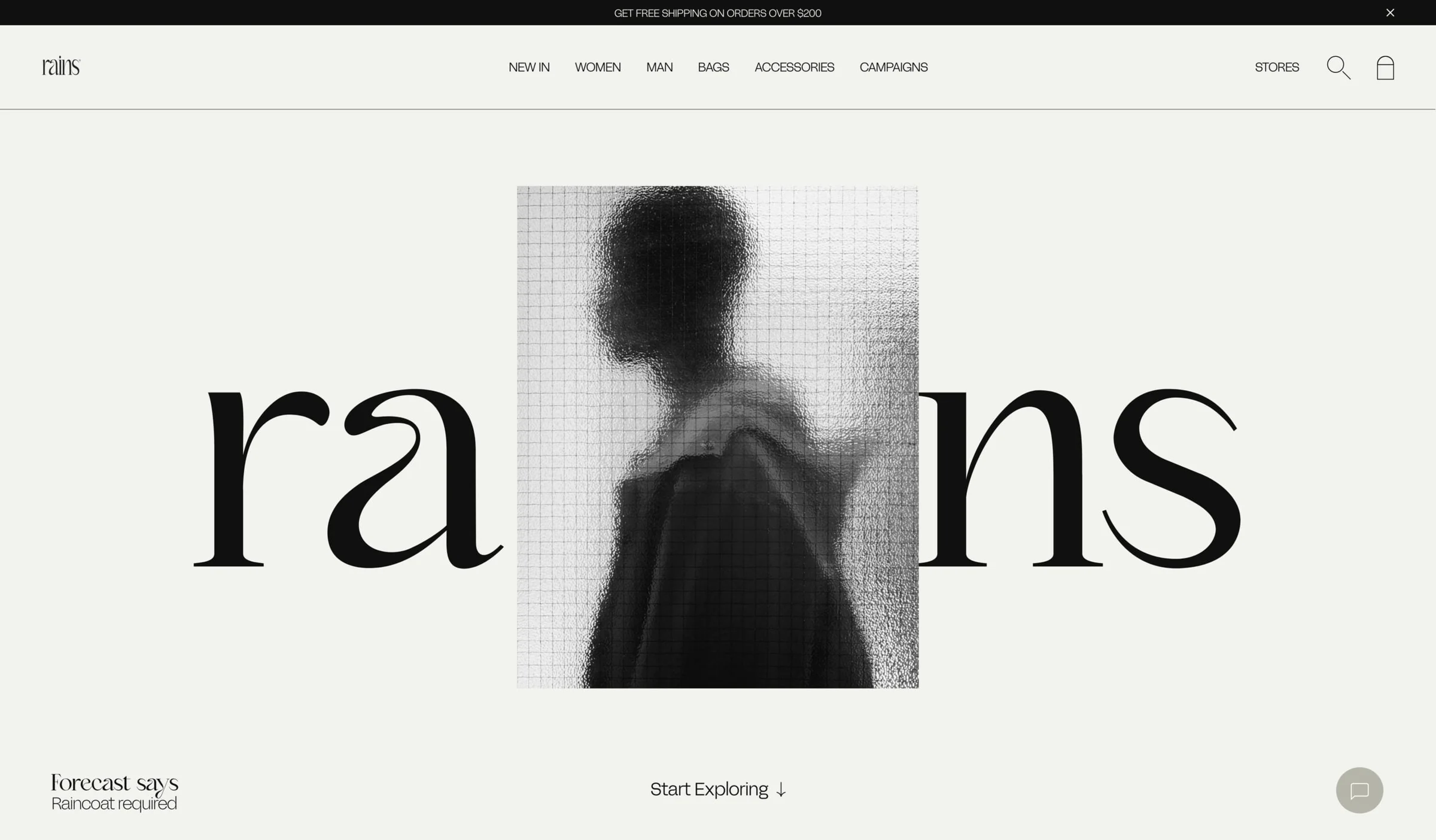 Website homepage with large serif wordmark split by a blurred figure behind frosted glass, for Rains.