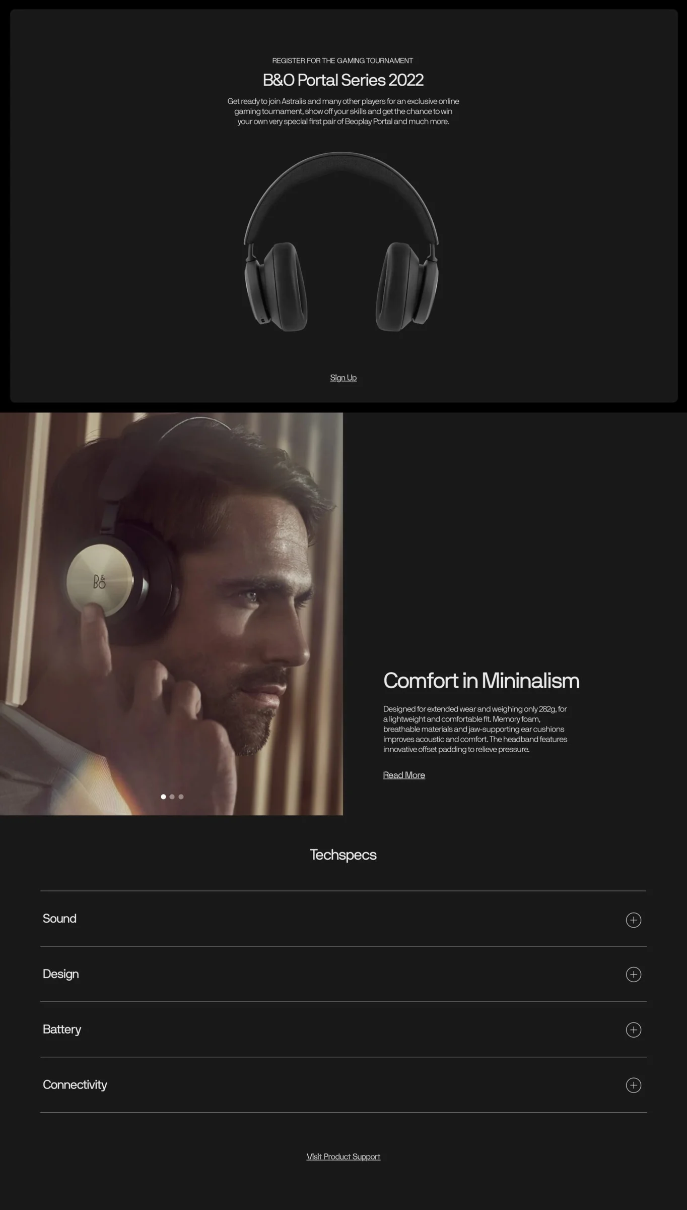 Dark web page for Beoplay Portal headphones with a tournament sign-up, a man wearing headphones and tech specs, for Bang & Olufsen.