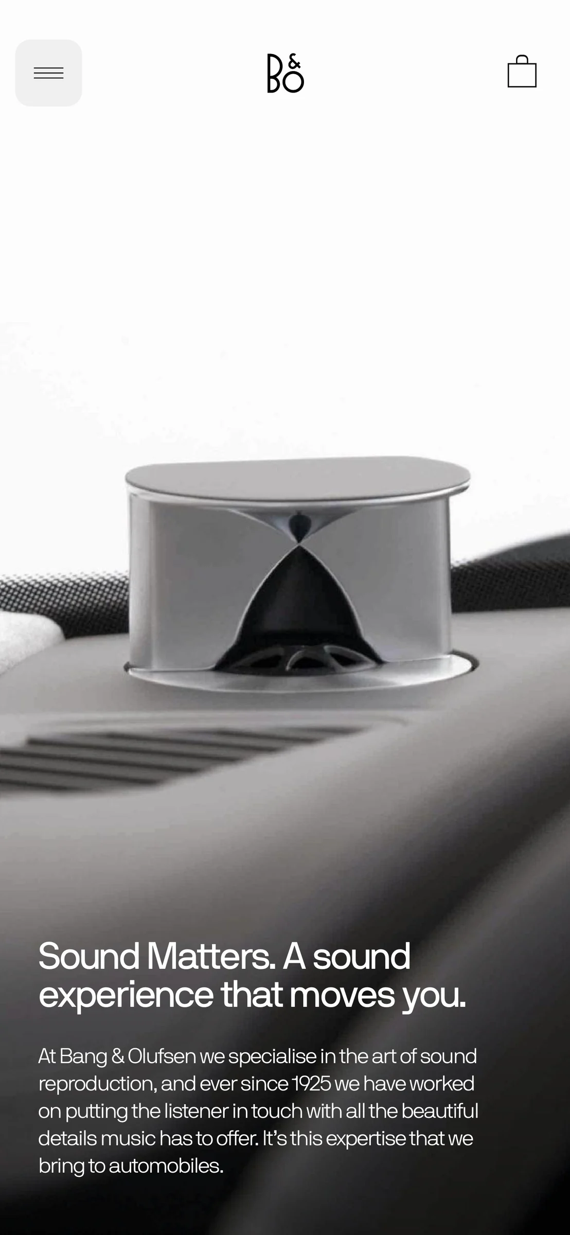 Mobile web page showing a silver car dashboard tweeter with the headline Sound Matters, for Bang & Olufsen.