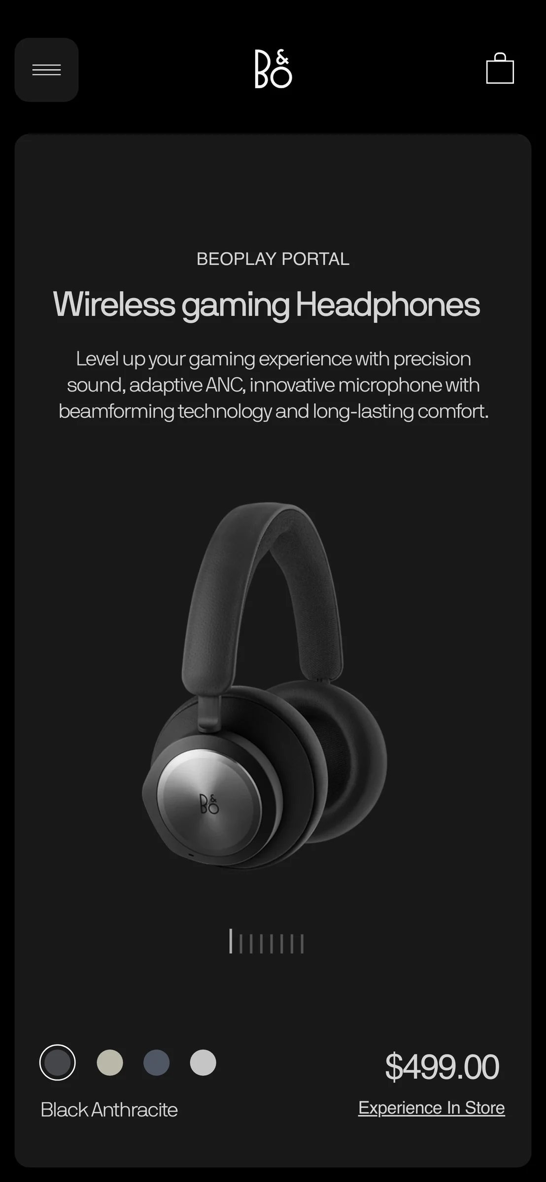 Mobile product page showing black Beoplay Portal gaming headphones, colour swatches and $499 price, for Bang & Olufsen.