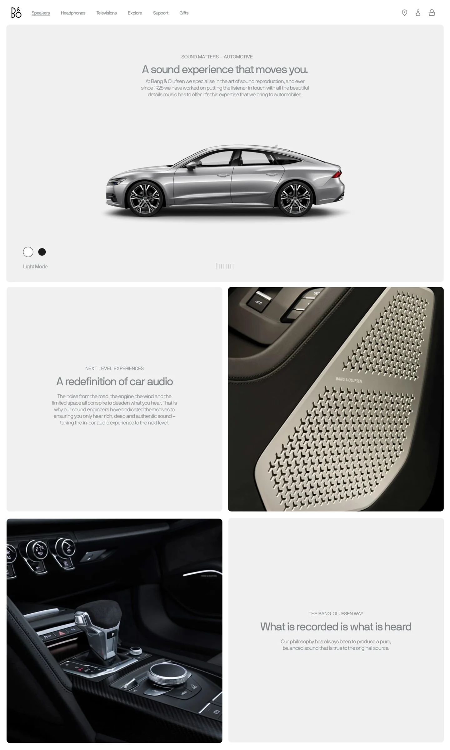 Website page on automotive sound with a silver car, perforated speaker grille and car interior, for Bang & Olufsen.