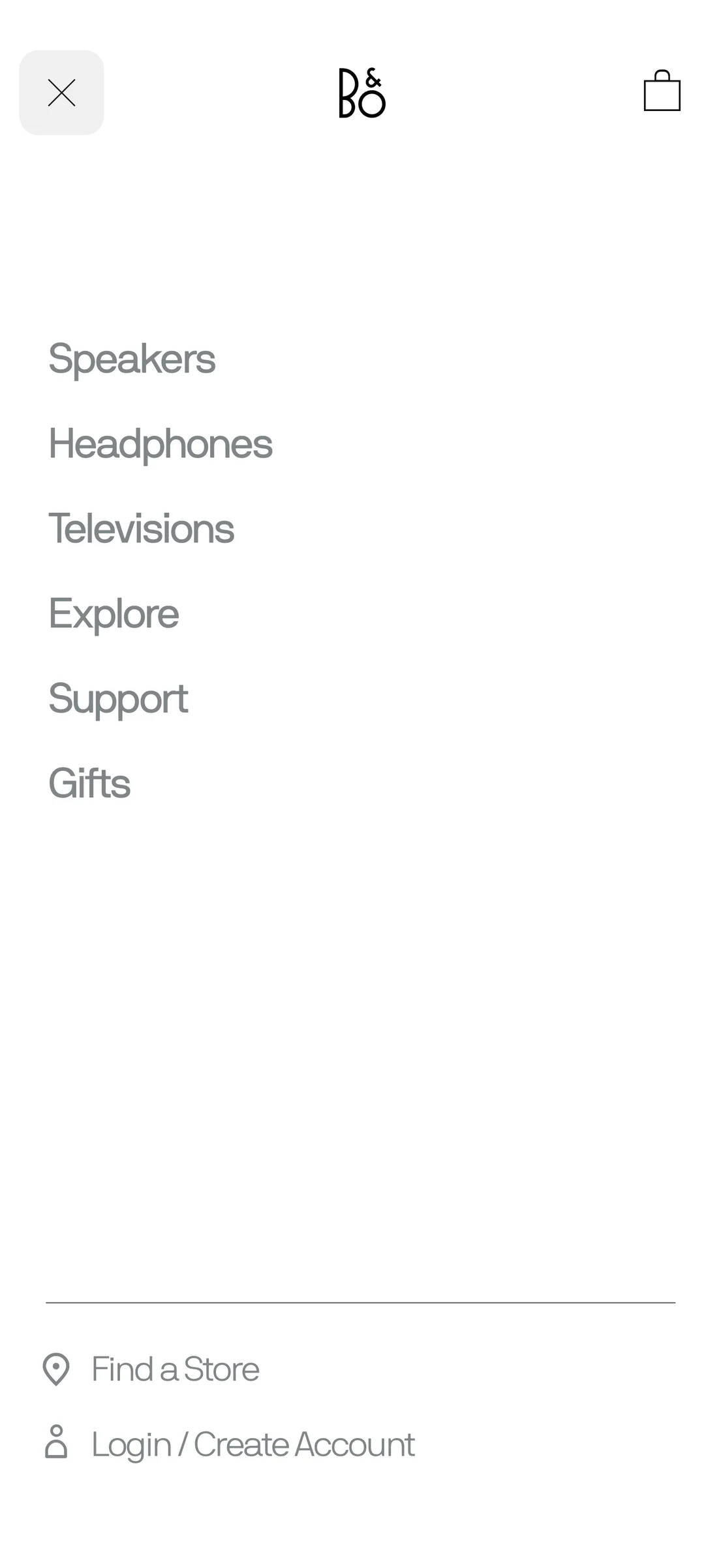 Mobile menu screen listing Speakers, Headphones, Televisions, Explore, Support and Gifts, for Bang & Olufsen.