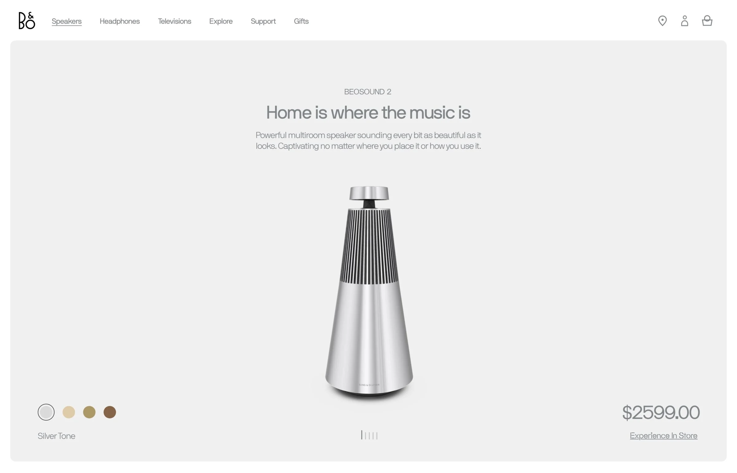 Product page showing a silver Beosound 2 speaker with colour swatches and price, for Bang & Olufsen.