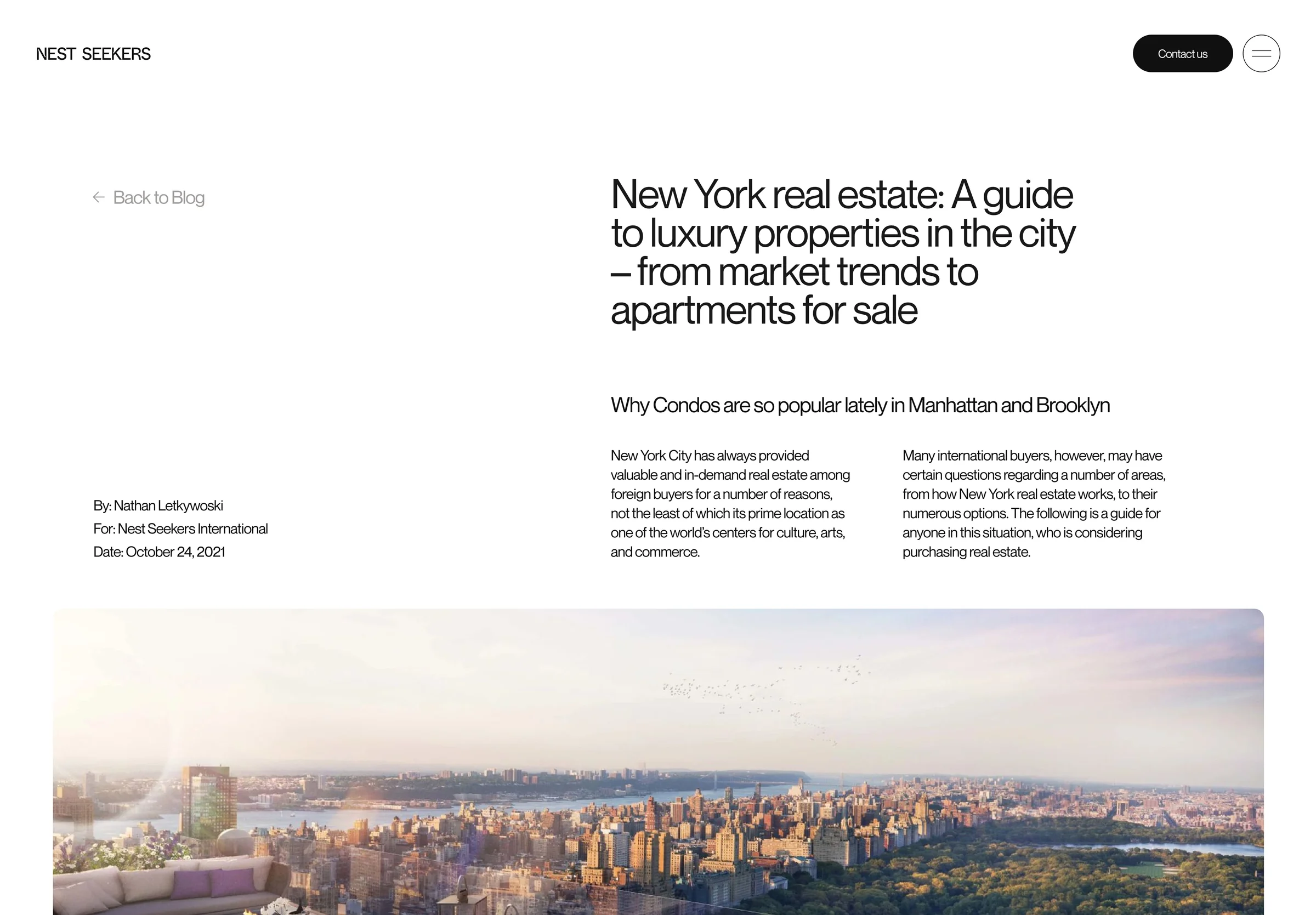 Blog article page on New York luxury real estate with a panoramic Manhattan skyline photo, for Nest Seekers.