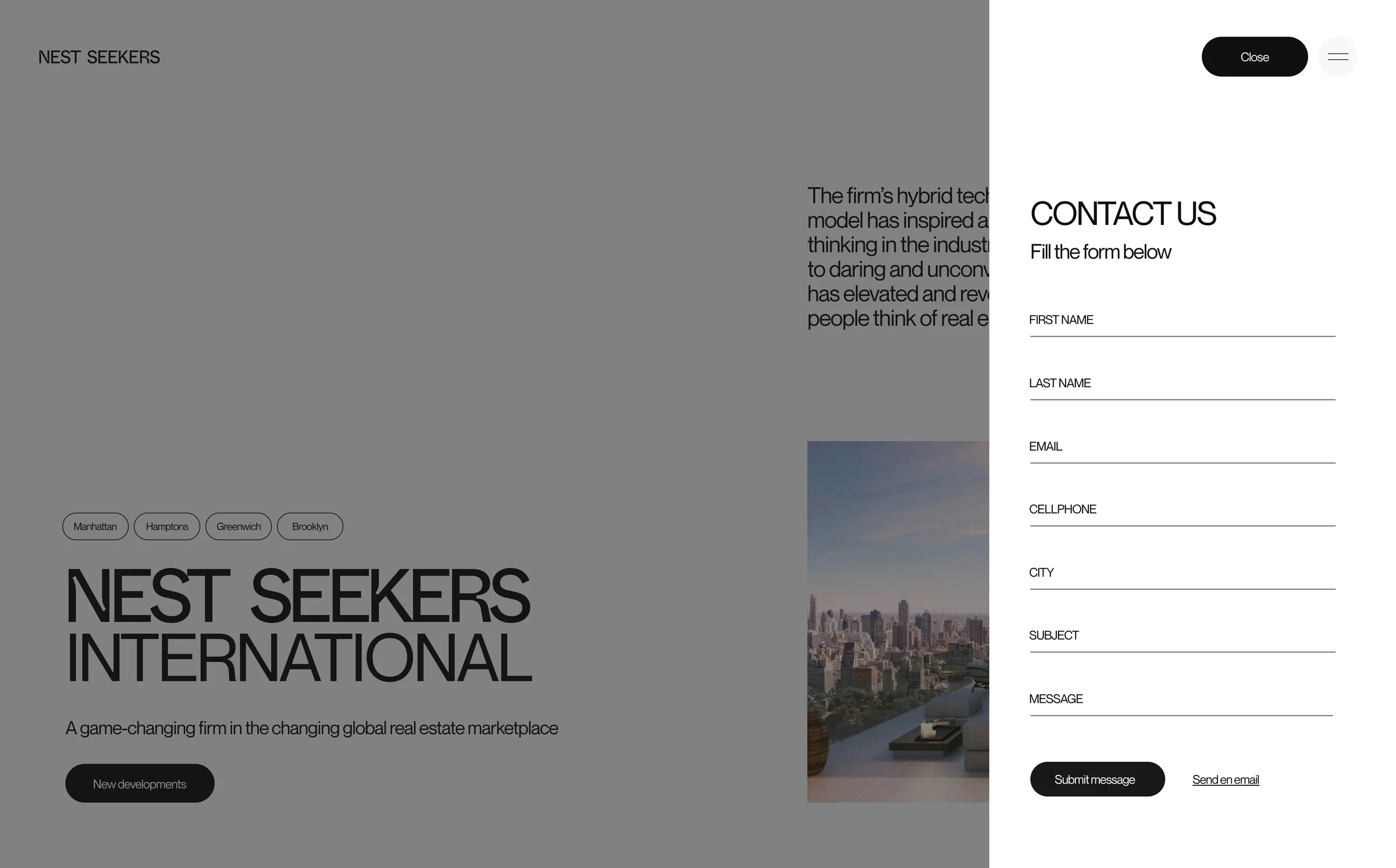 Website screen with a white contact form panel open over a greyed homepage and city skyline photo, for Nest Seekers.