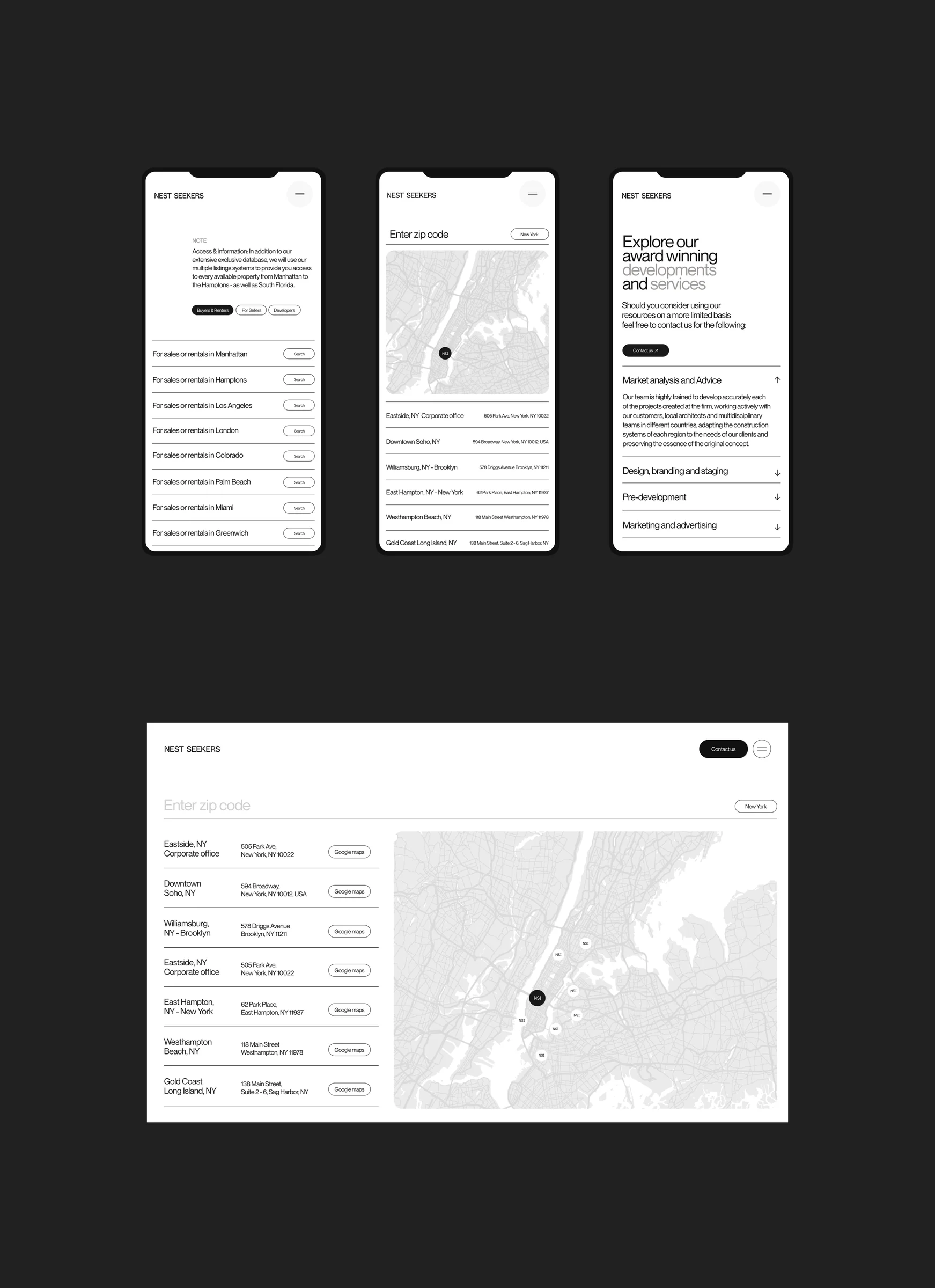 Mobile and desktop website screens with office listings and a New York map locator, in black and white, for Nest Seekers.