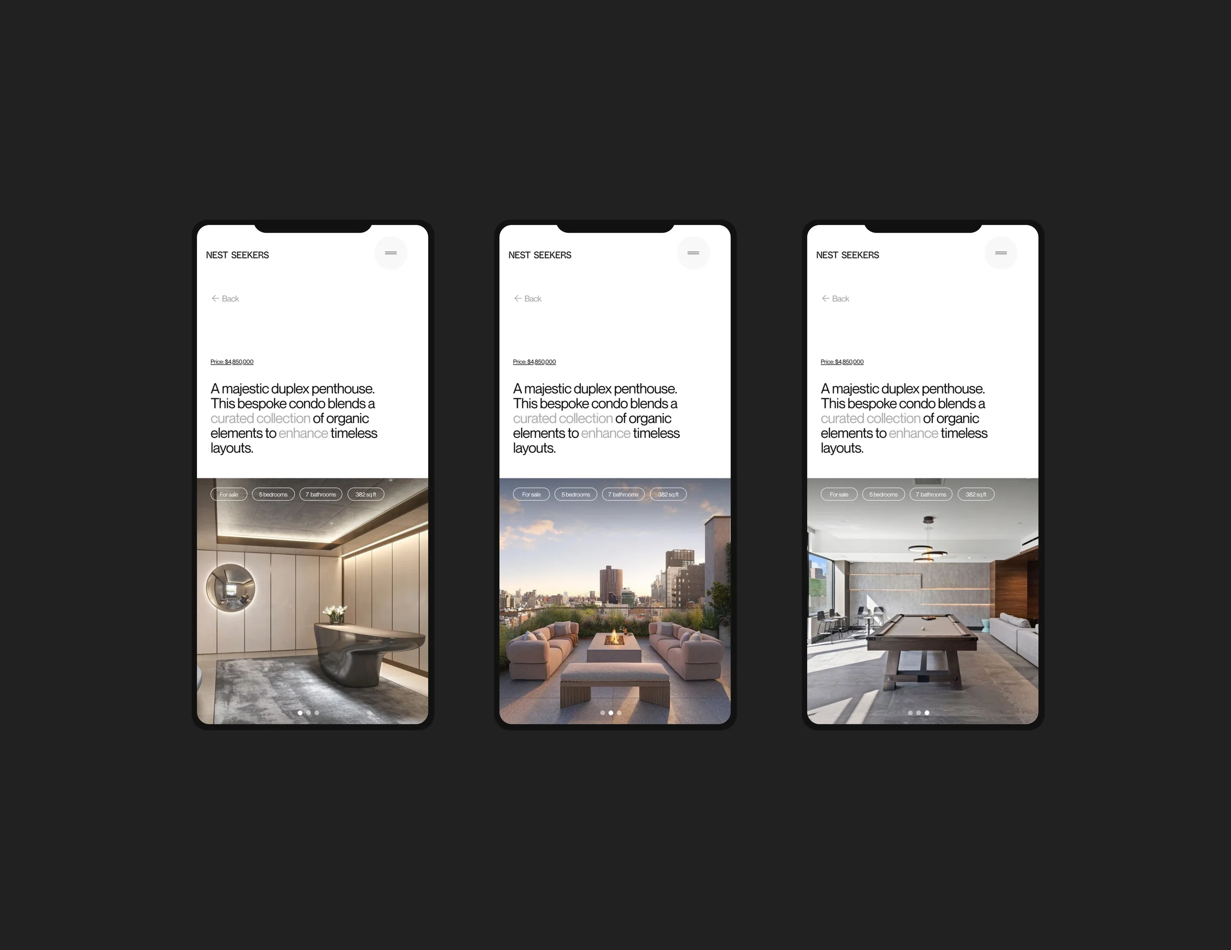 Three phone screens showing a duplex penthouse listing with dressing room, rooftop terrace and billiard room, for Nest Seekers.