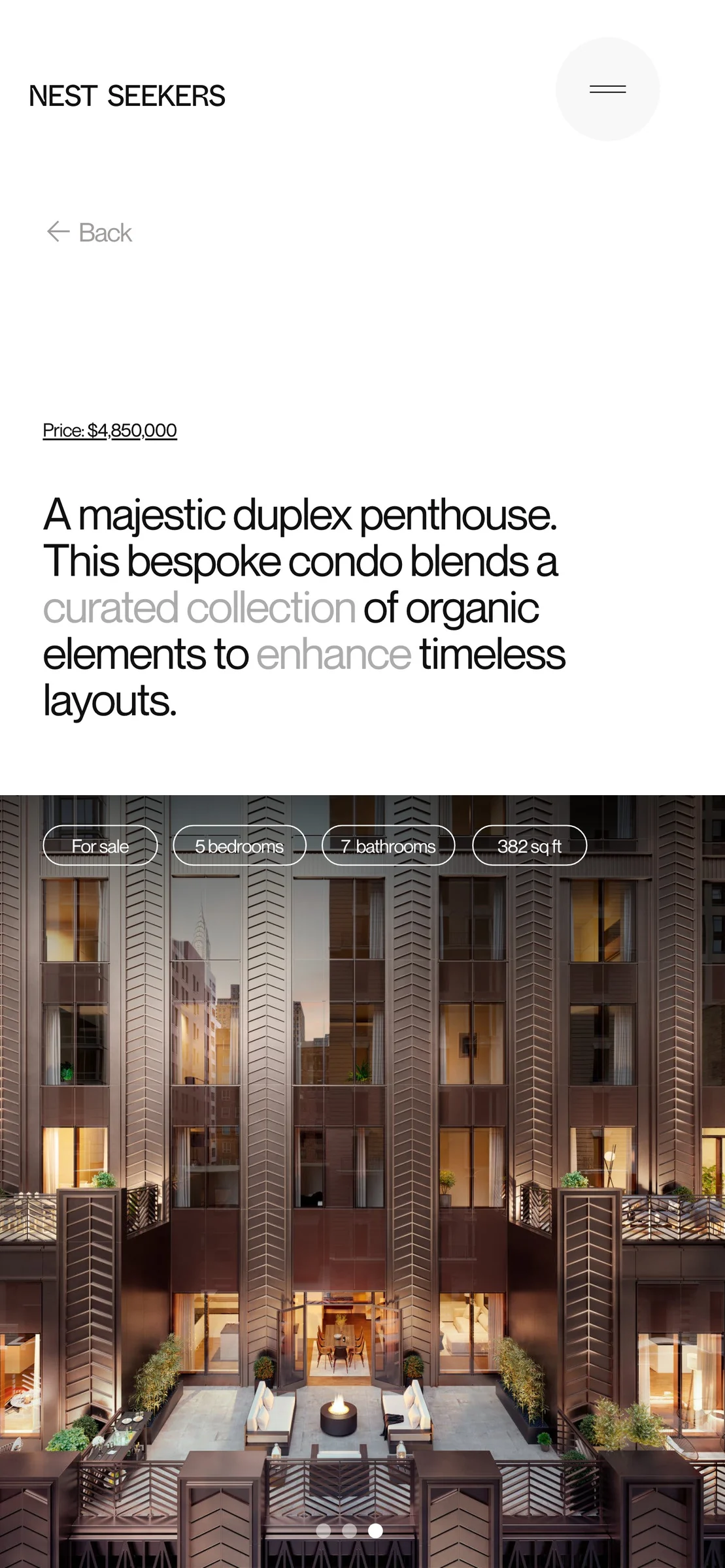 Mobile listing page for a $4,850,000 duplex penthouse with a photo of a lit art deco courtyard, for Nest Seekers.