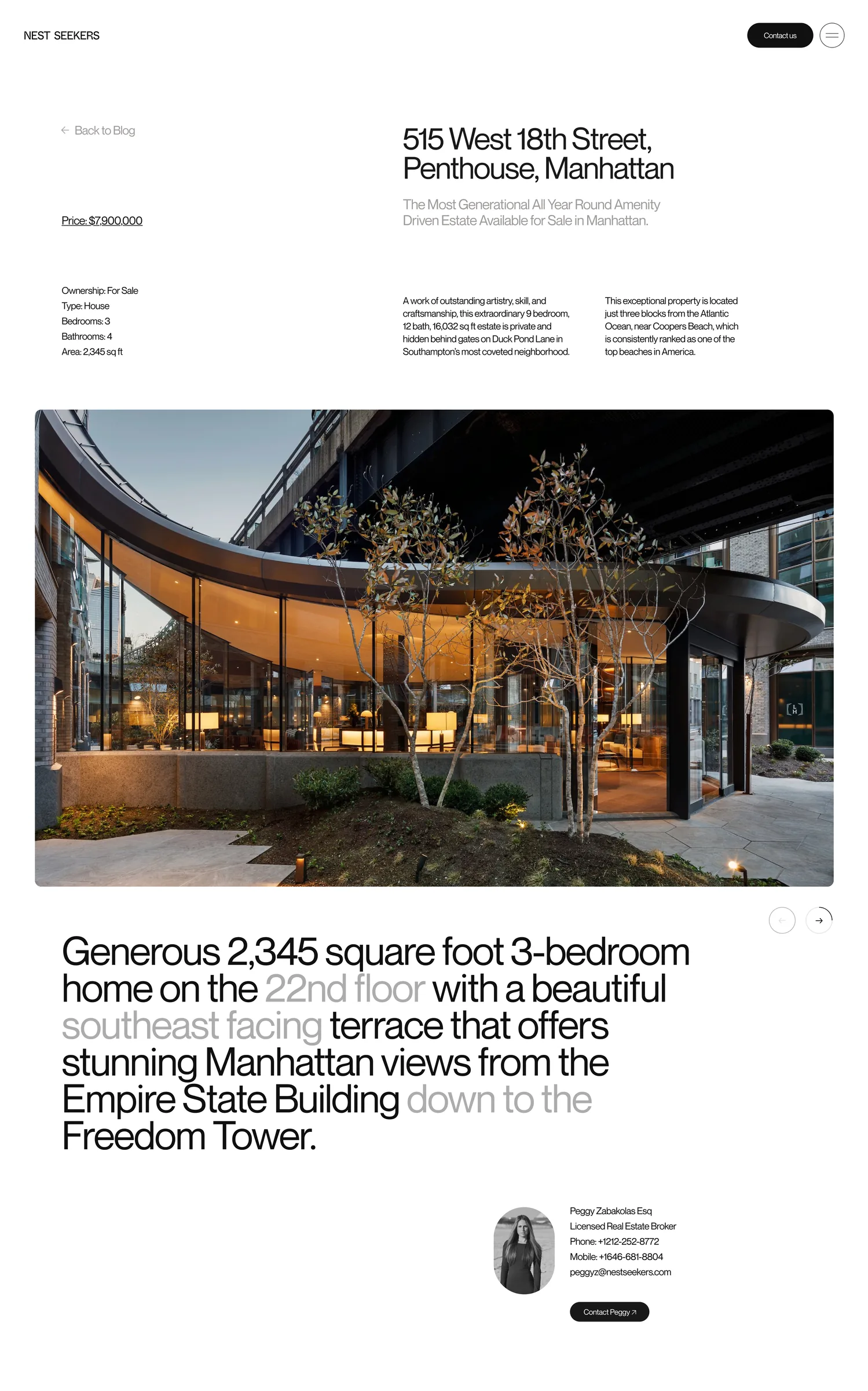 Property listing web page for a Manhattan penthouse with a curved glass building photo and broker contact, for Nest Seekers.