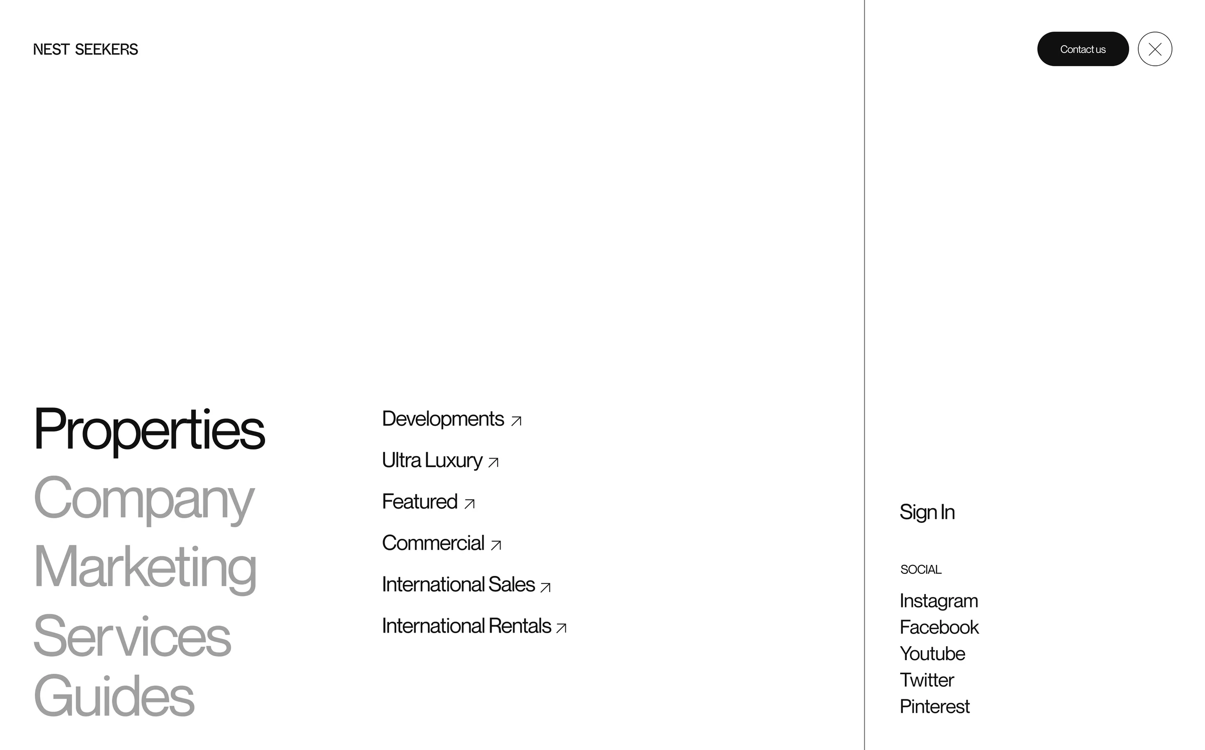Website navigation menu with Properties, Company, Marketing, Services and Guides links on white, for Nest Seekers.