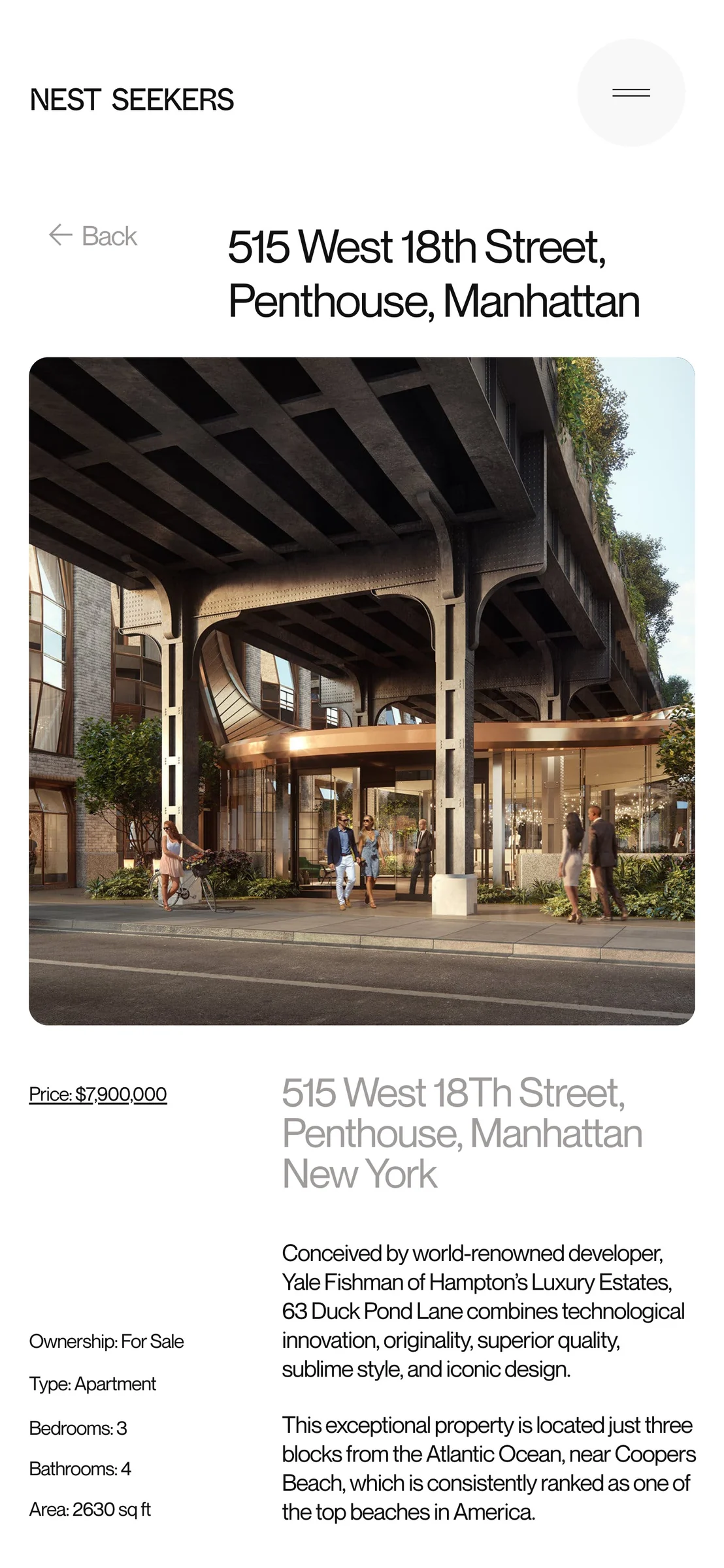 Mobile listing page for a Manhattan penthouse at 515 West 18th Street with building rendering and details, for Nest Seekers.
