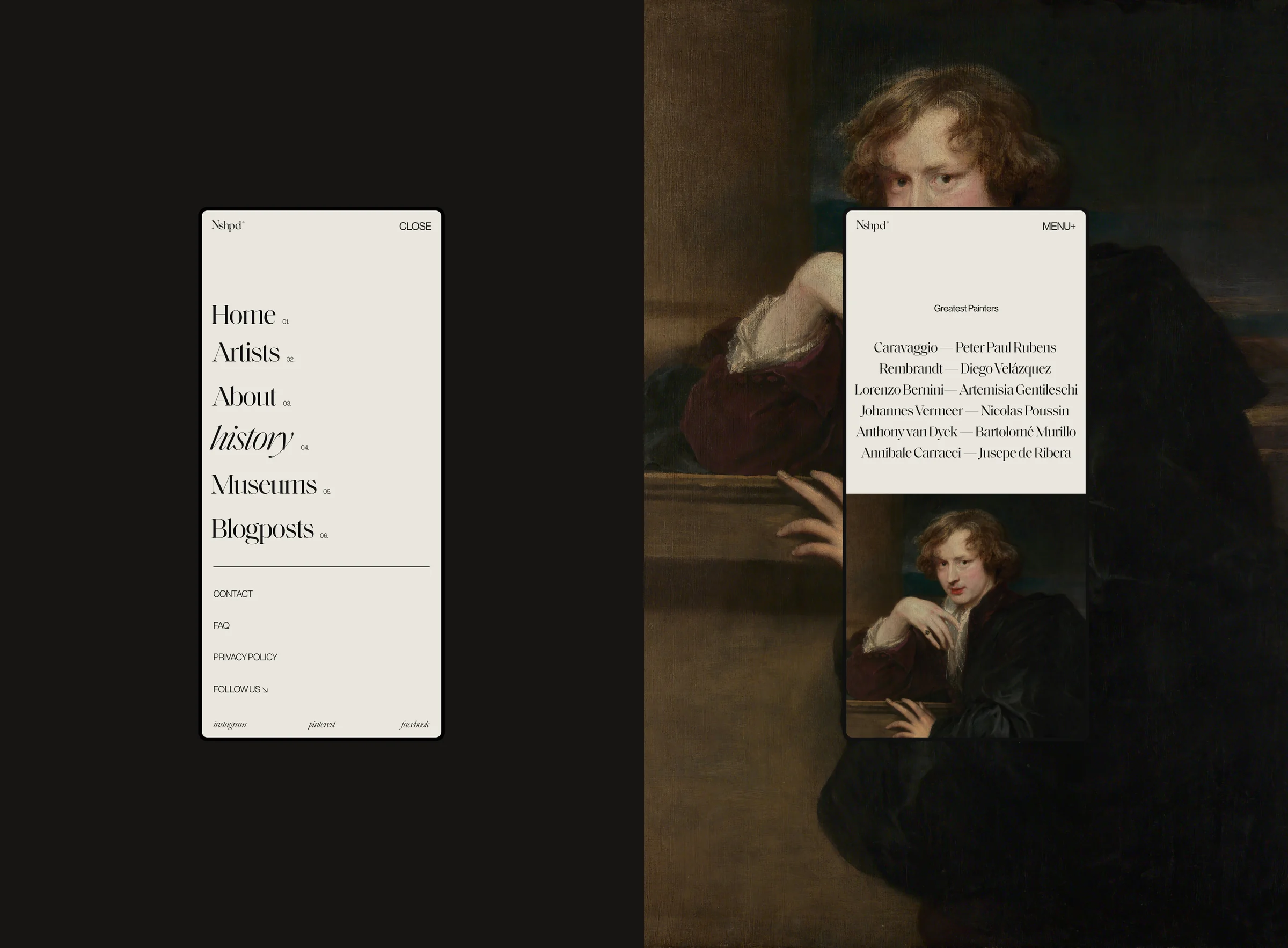 Two mobile screens, a serif navigation menu and a list of great painters over a Van Dyck self-portrait, for Nshpd.