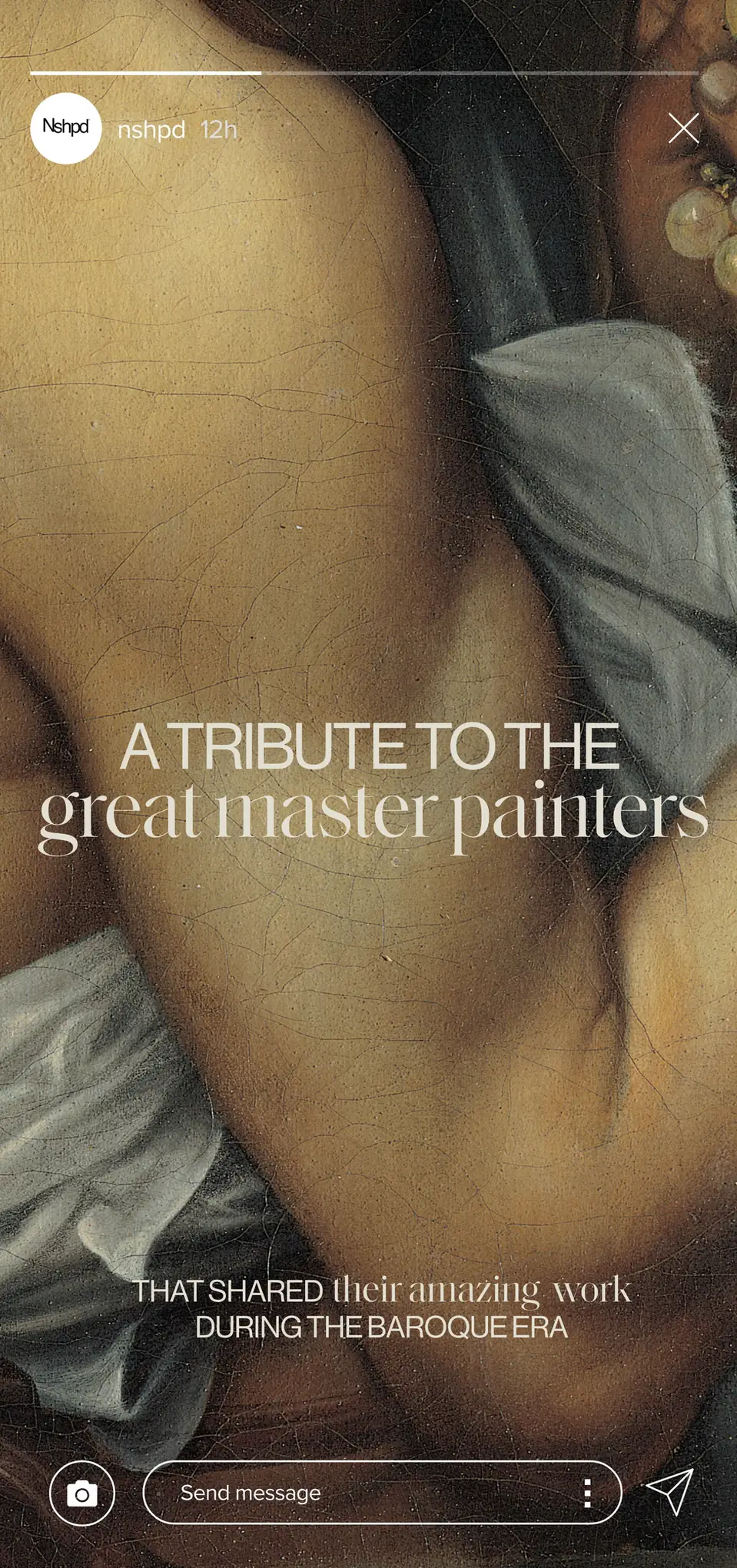 Instagram story with a close-up of a Baroque oil painting and text reading A Tribute to the Great Master Painters, for Nshpd.