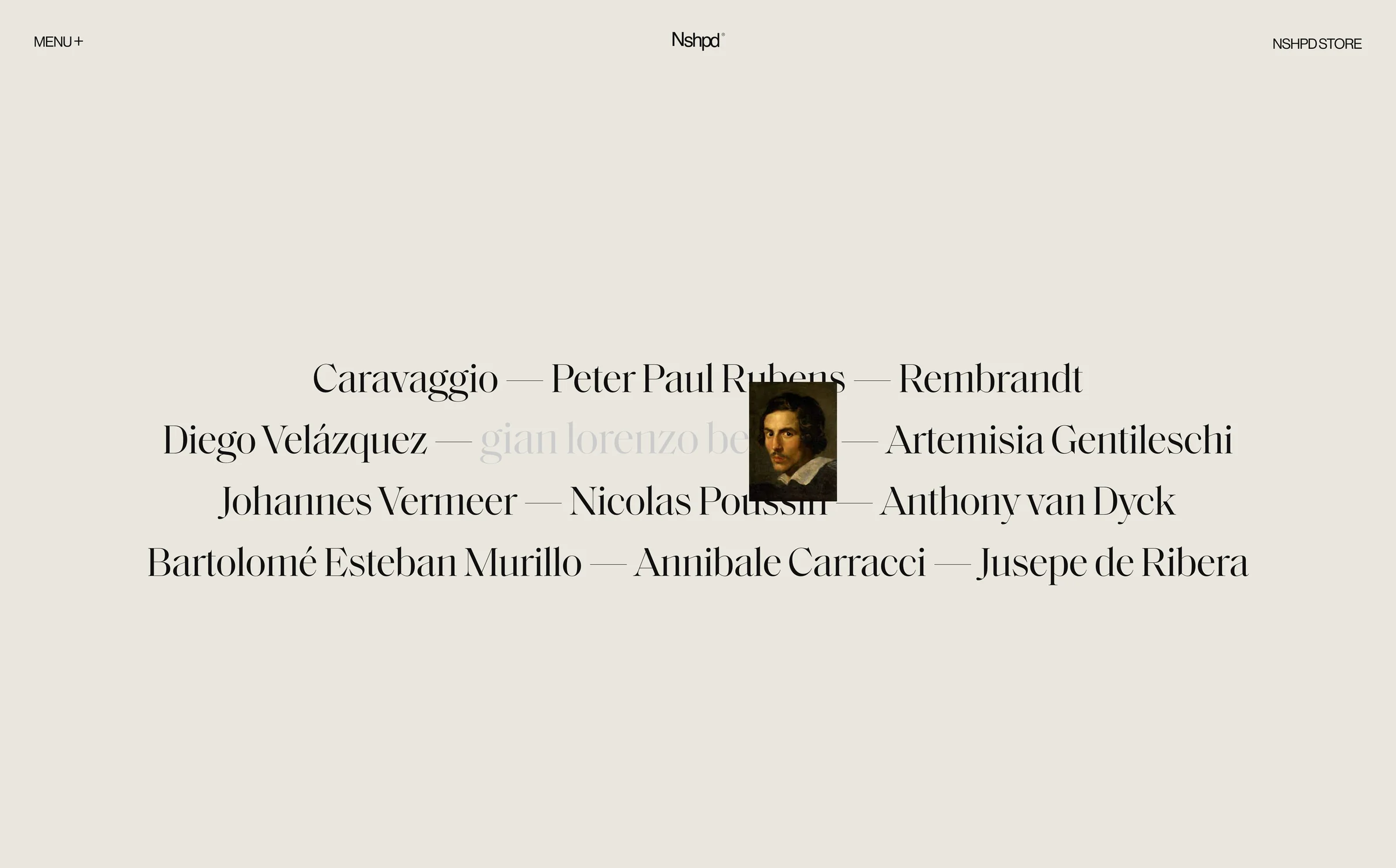Website screen listing Baroque painters' names in serif type on beige, with a portrait shown on hover, for Nshpd.