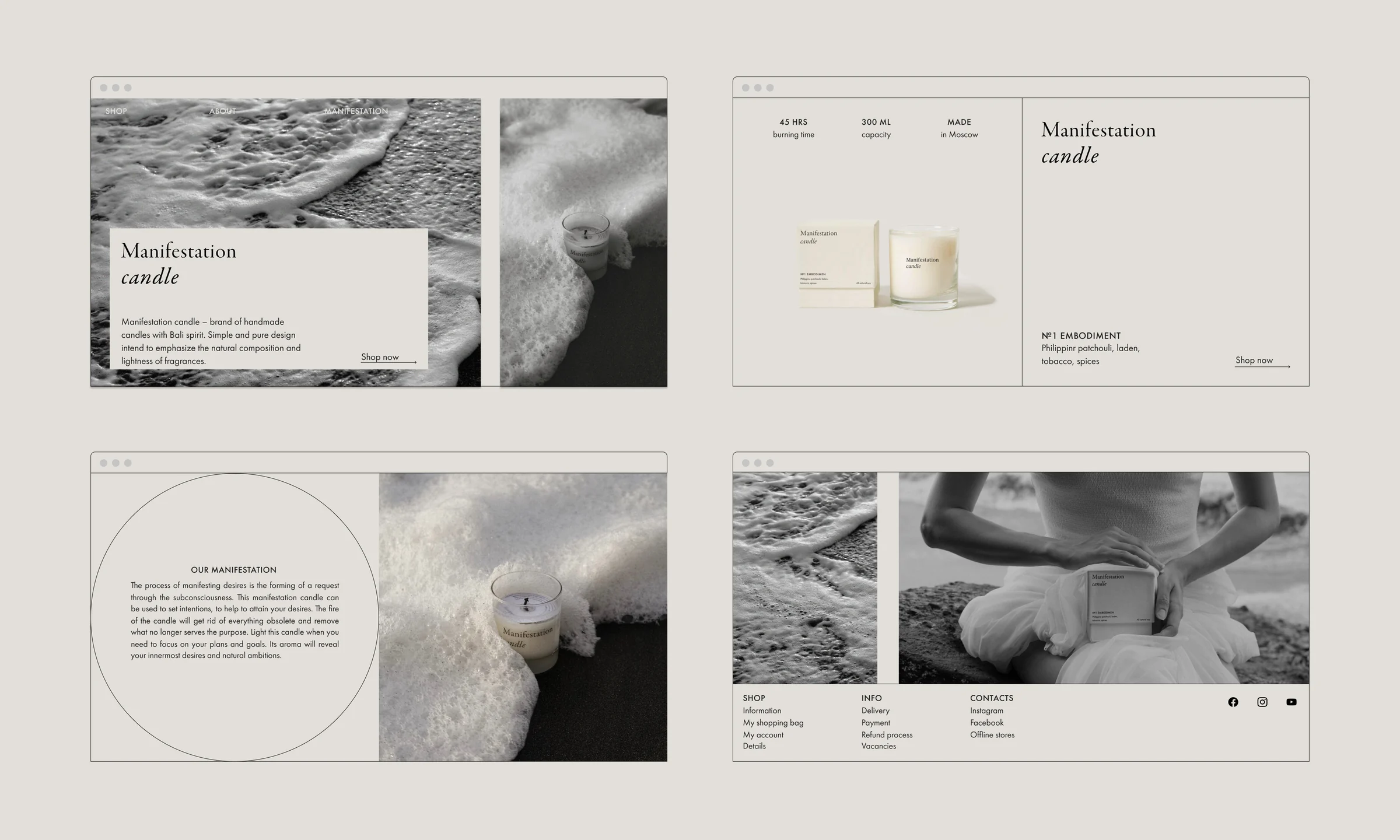 Four website screens showing a white candle in black-and-white sea foam, product details and footer, for Manifestation.