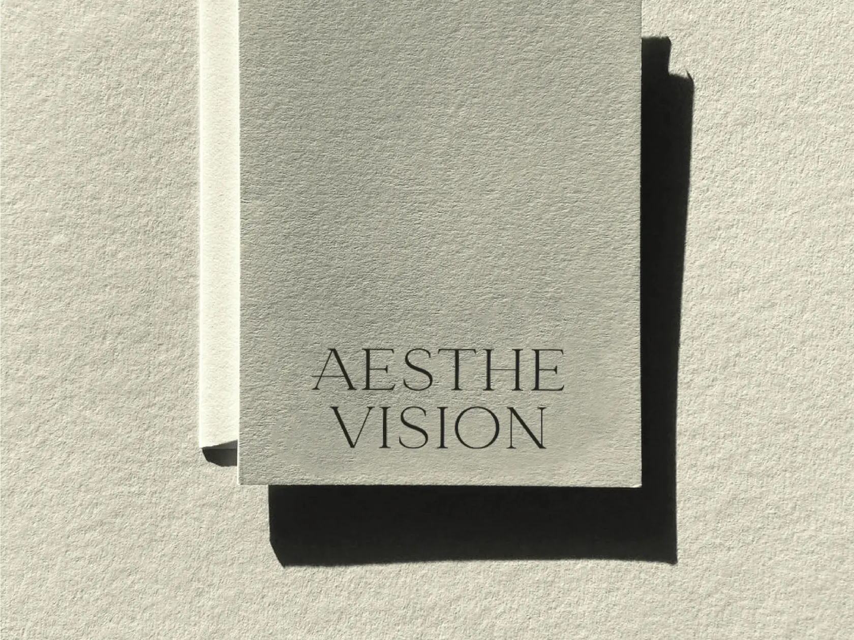 Pale grey textured card printed with the Aesthe Vision wordmark, casting a hard shadow on paper, for Aesthevision.