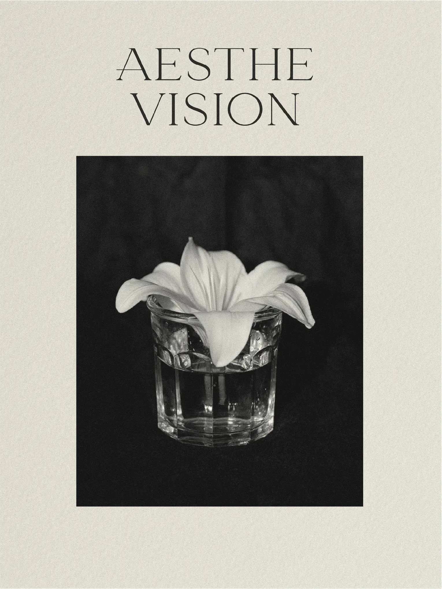 Black and white photo of a white lily in a water glass under the Aesthe Vision wordmark on textured cream paper, for Aesthevision.