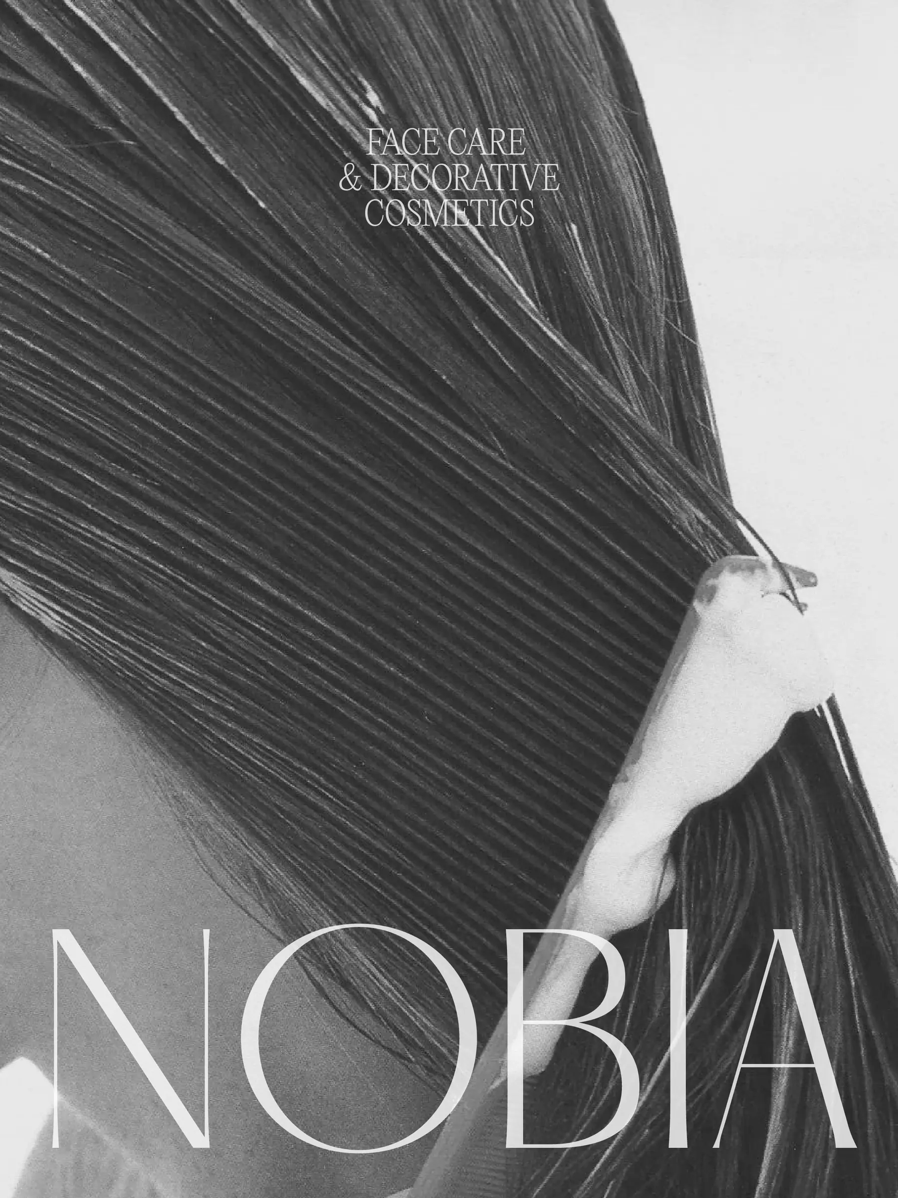 Black-and-white poster of a woman's long dark hair with a thin serif wordmark and cosmetics tagline, for Nobia.