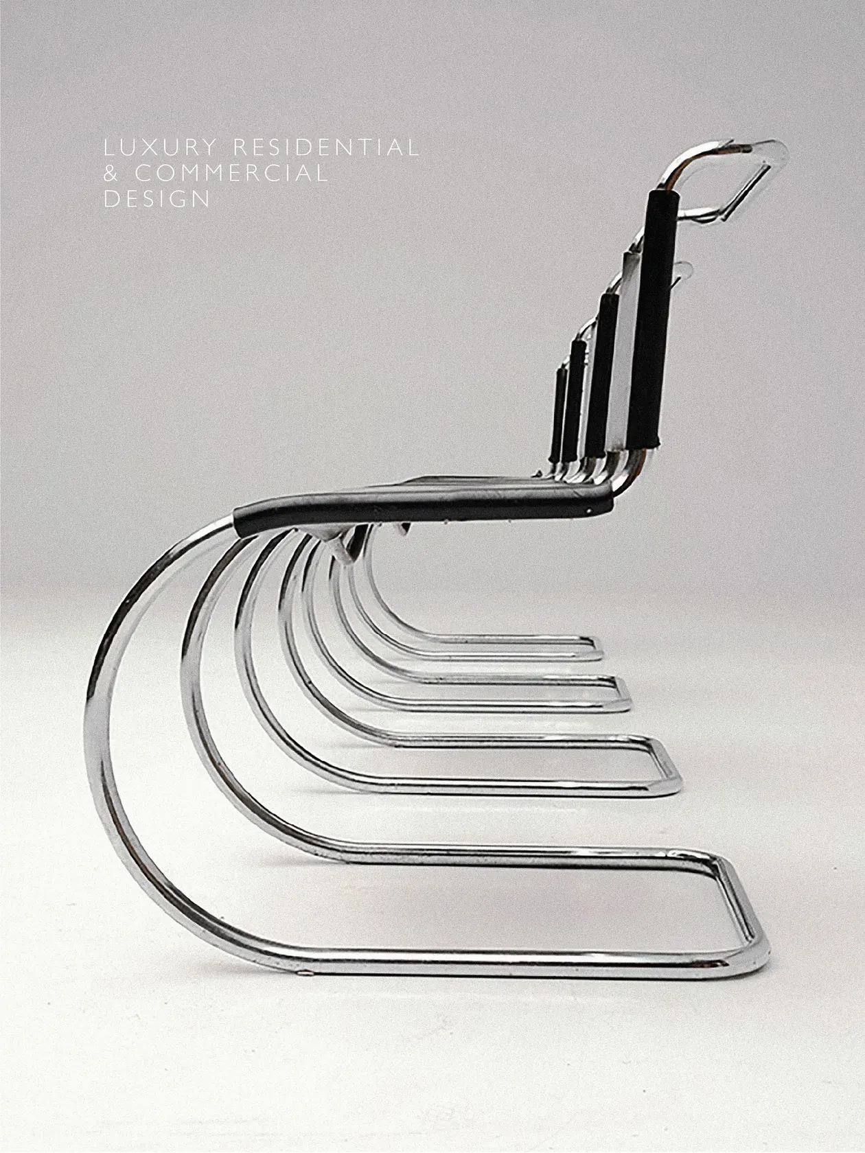 Row of chrome cantilever chairs with black leather seats, captioned Luxury Residential & Commercial Design, for Stone Temple.