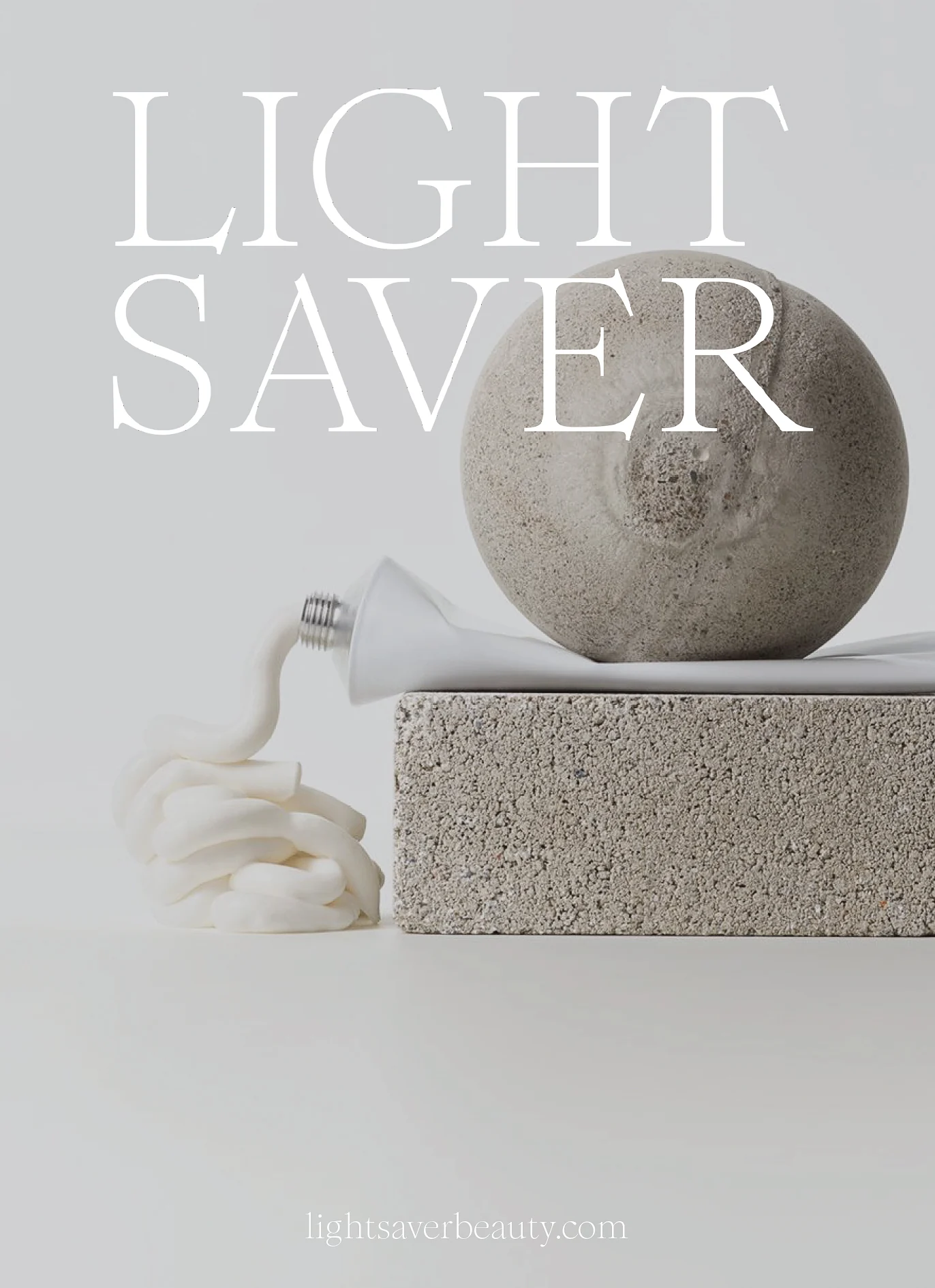 Poster of a white tube squeezed flat under a stone sphere on a concrete block, cream spilling out, for Light Saver.