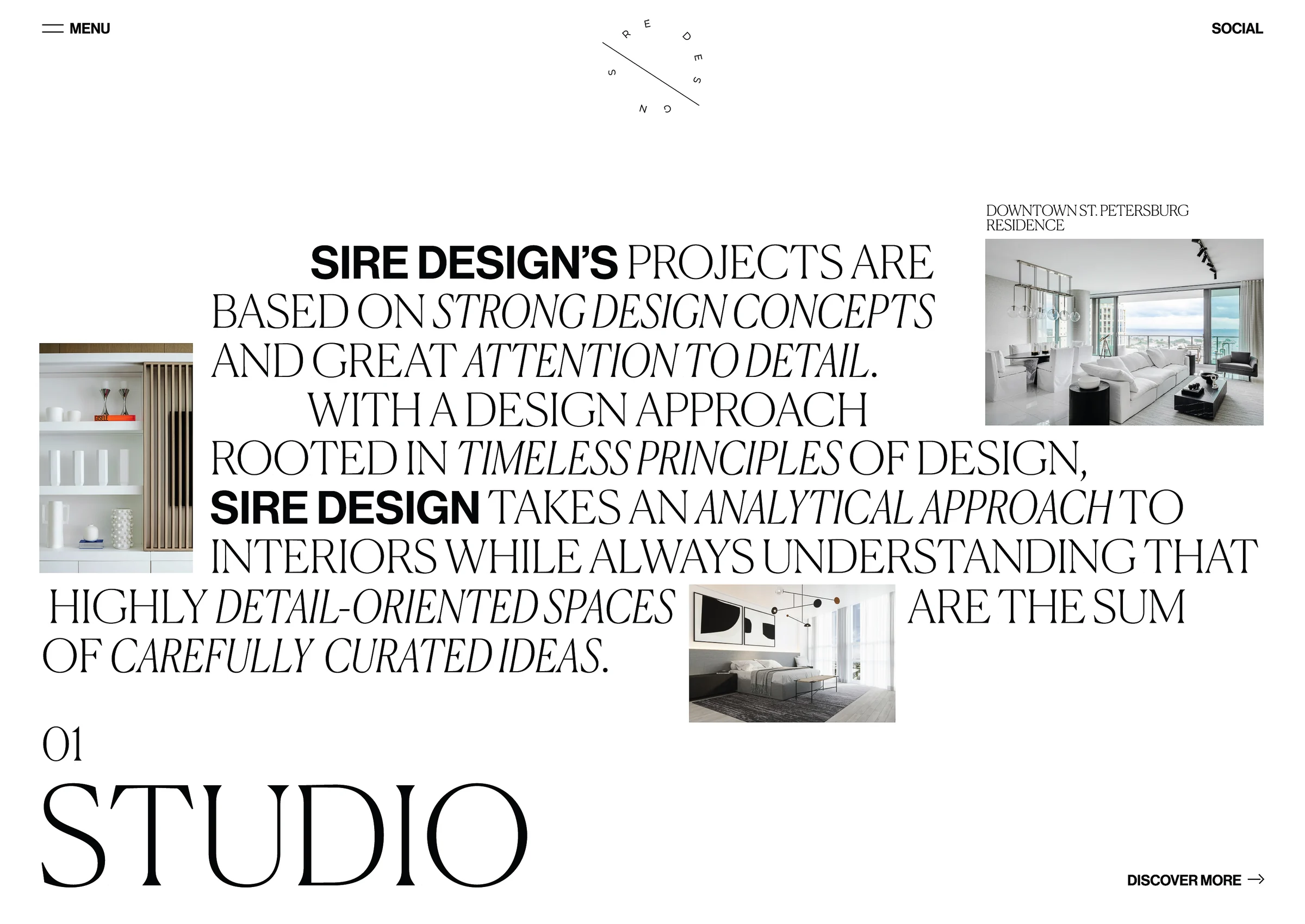 Website studio page with large serif text about the design approach and interior photos, for Sire Design.