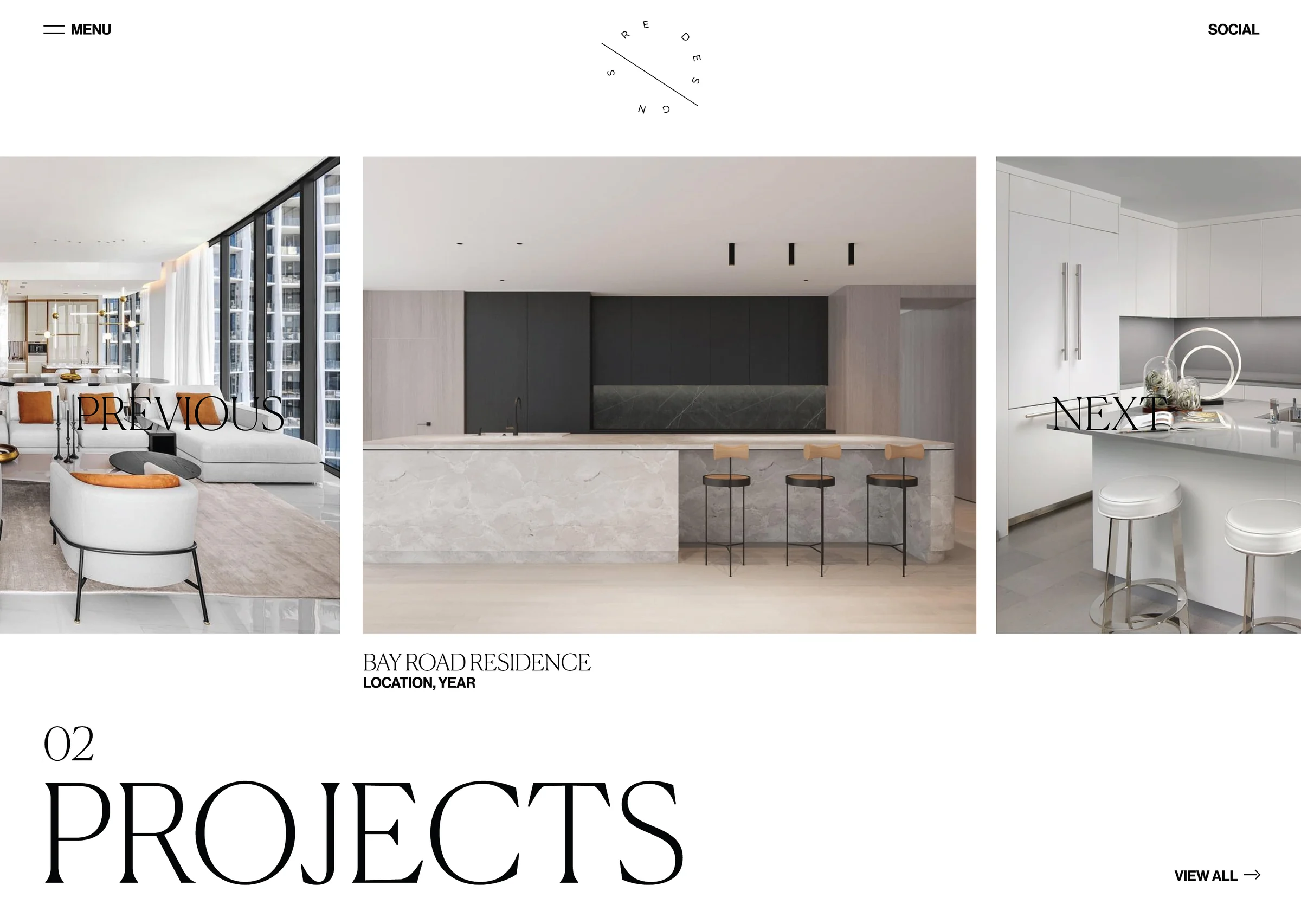 Website projects carousel showing a kitchen with marble island and bar stools, Bay Road Residence, for Sire Design.