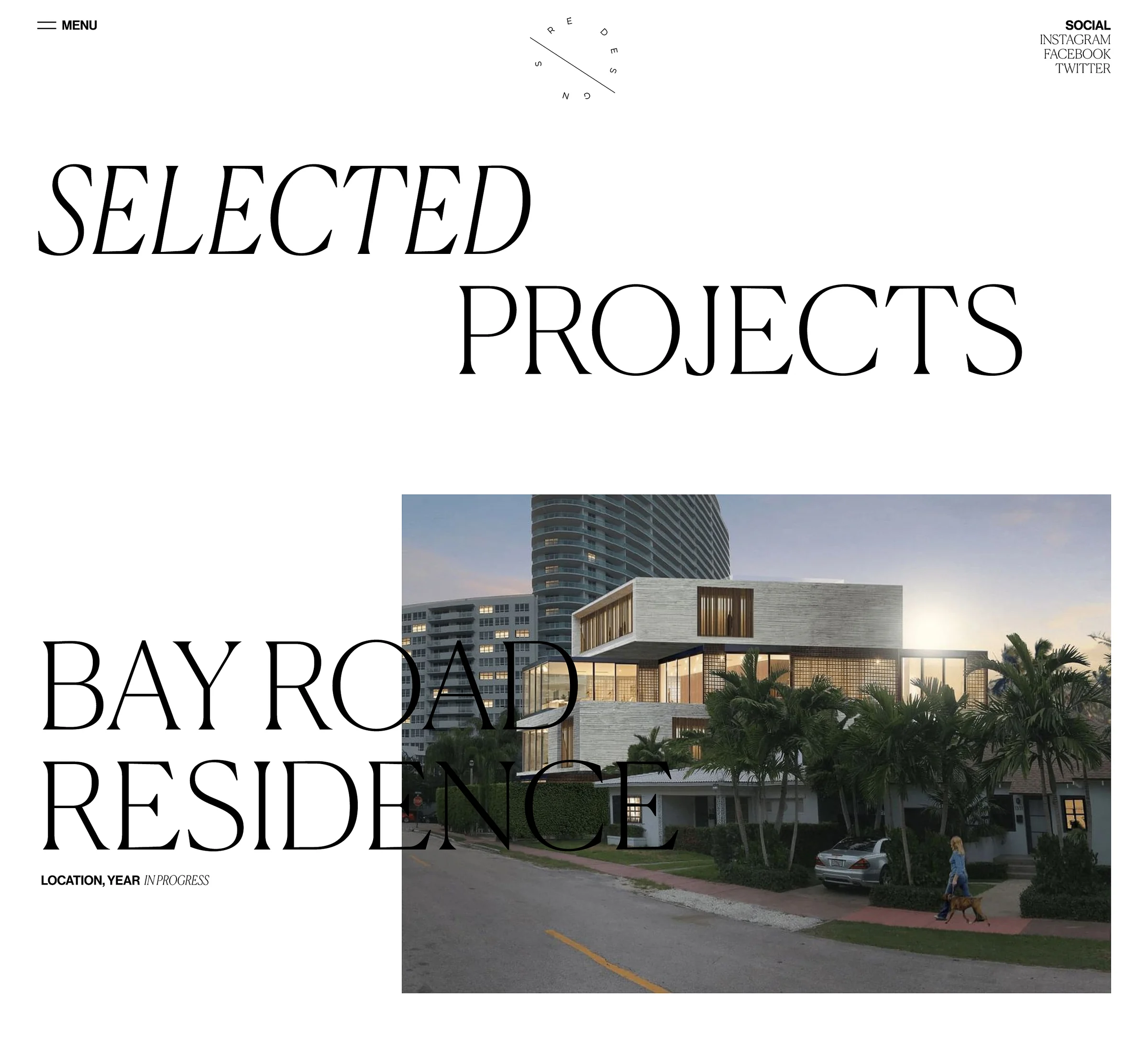 Selected Projects web page with serif headline over a Bay Road Residence architectural render, for Sire Design.