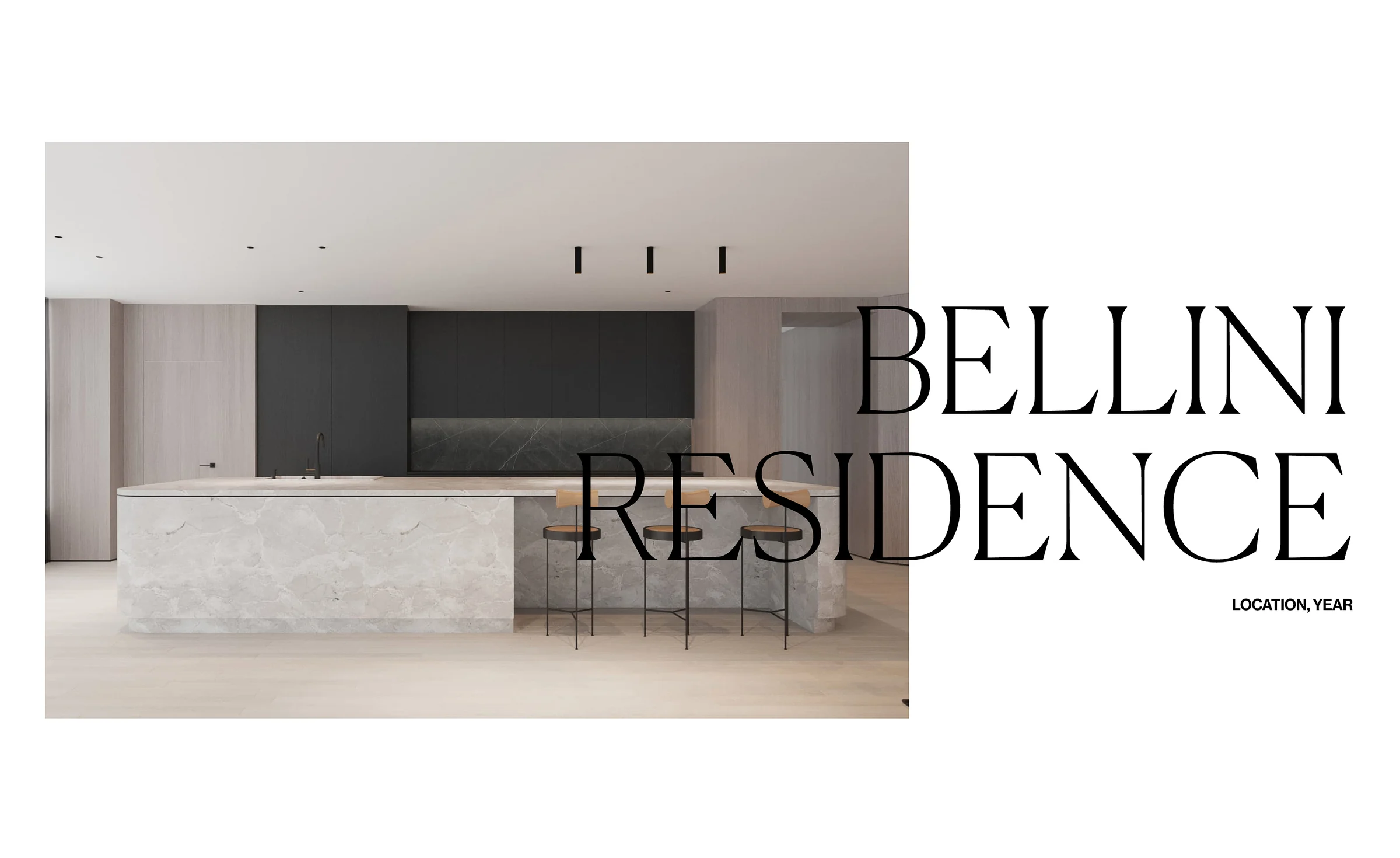 Layout with a marble kitchen island, bar stools and dark cabinetry beside large Bellini Residence serif type, for Sire Design.
