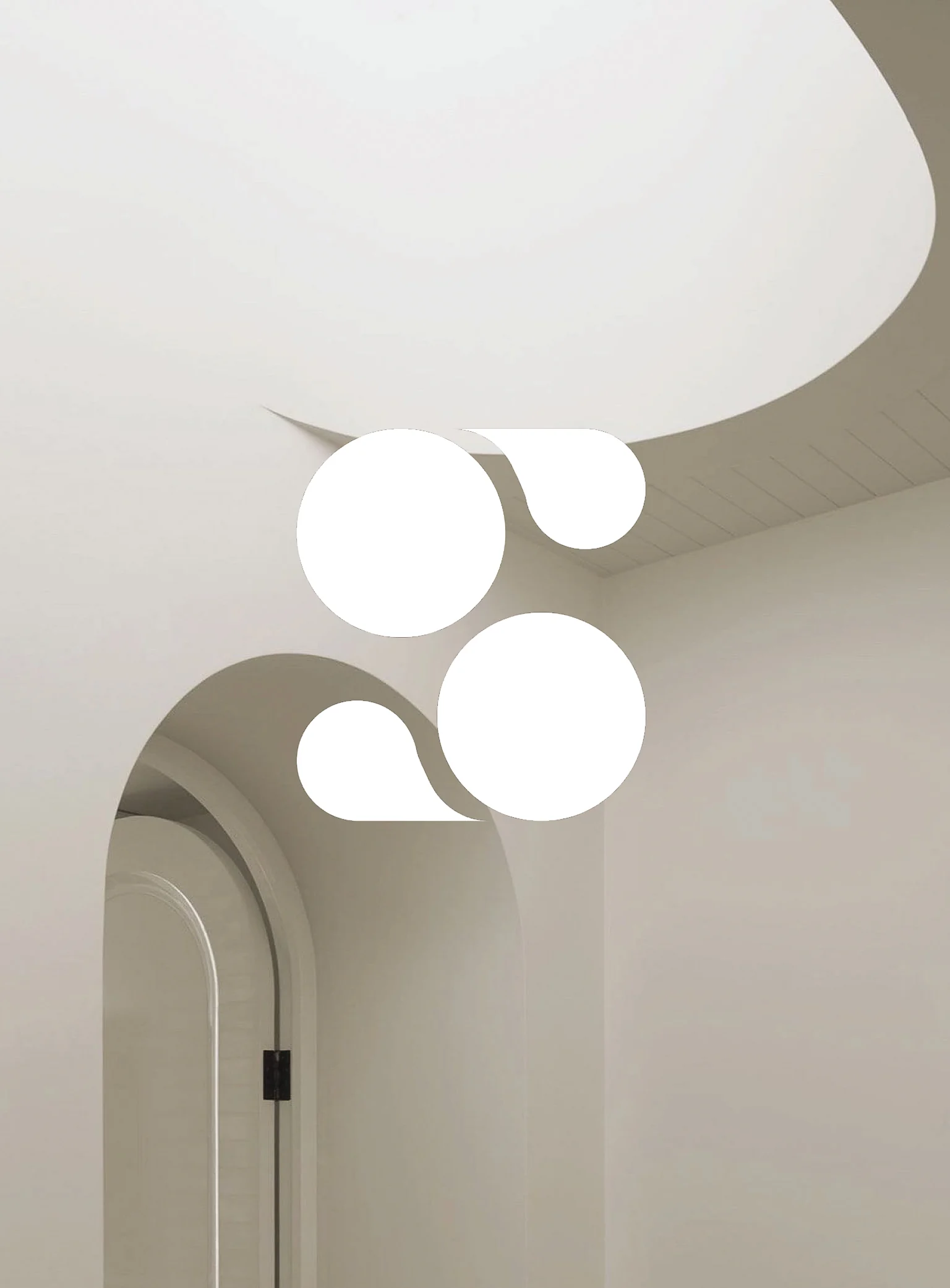 White circular brand symbol over a cream interior with arched doorways and a curved ceiling, for Solento.