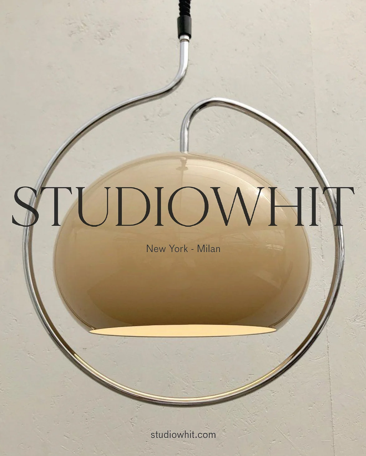 Poster of a beige globe pendant lamp in a chrome ring frame under the Studiowhit wordmark, for Studio Whit.