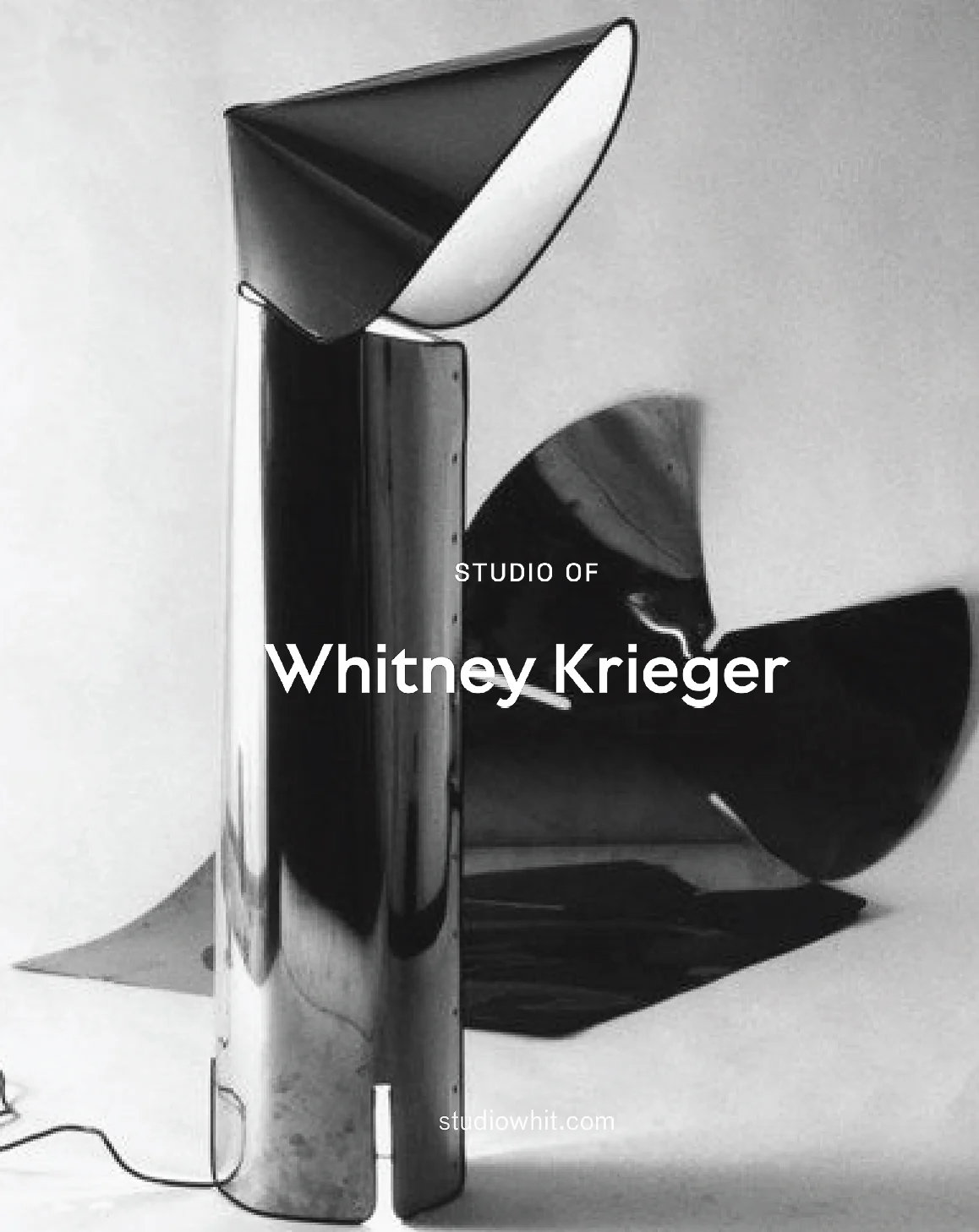 Black-and-white photo of a chrome floor lamp with a cone shade, overlaid with a white wordmark, for Studio of Whitney Krieger.