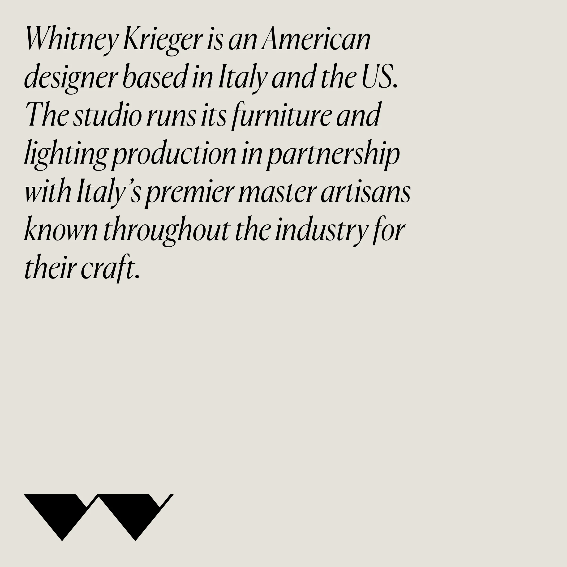 Square card with italic serif text introducing designer Whitney Krieger above a black W monogram on beige, for Studio Whit.