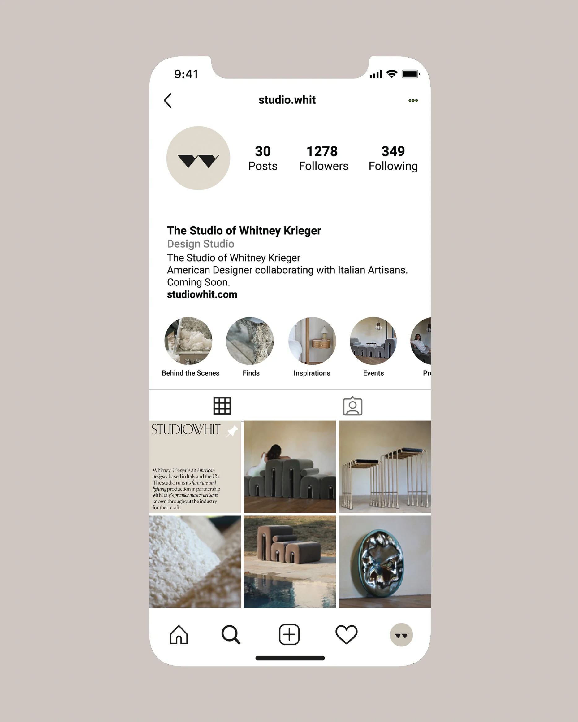 Instagram profile on a phone showing a grid of sculptural furniture posts and story highlights, for Studio Whit.