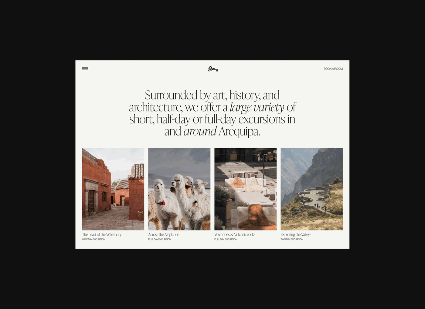 Hotel website page on Arequipa excursions with photos of red streets, alpacas, volcanic rock and valleys, for Cirqa.