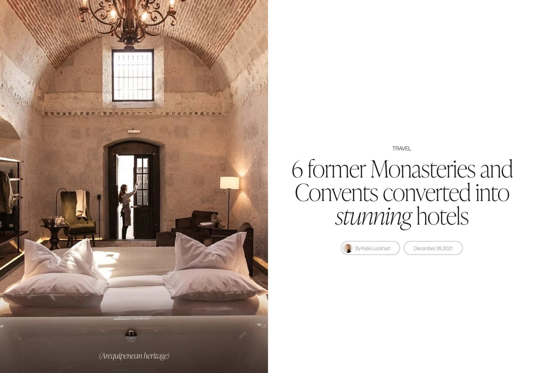 Article layout on converted monastery hotels, with a vaulted stone bedroom photo beside the headline, for Cirqa.