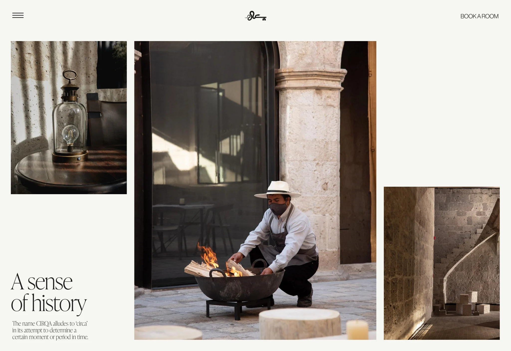 Hotel website page with photos of a man lighting a fire pit, a lantern on a table and a stone stairway, for CIRQA.