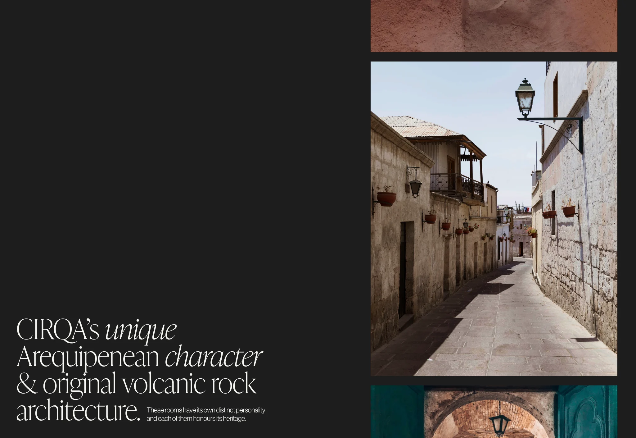 Website layout pairing a serif headline on black with photos of a sunlit volcanic stone alley in Arequipa, for CIRQA.