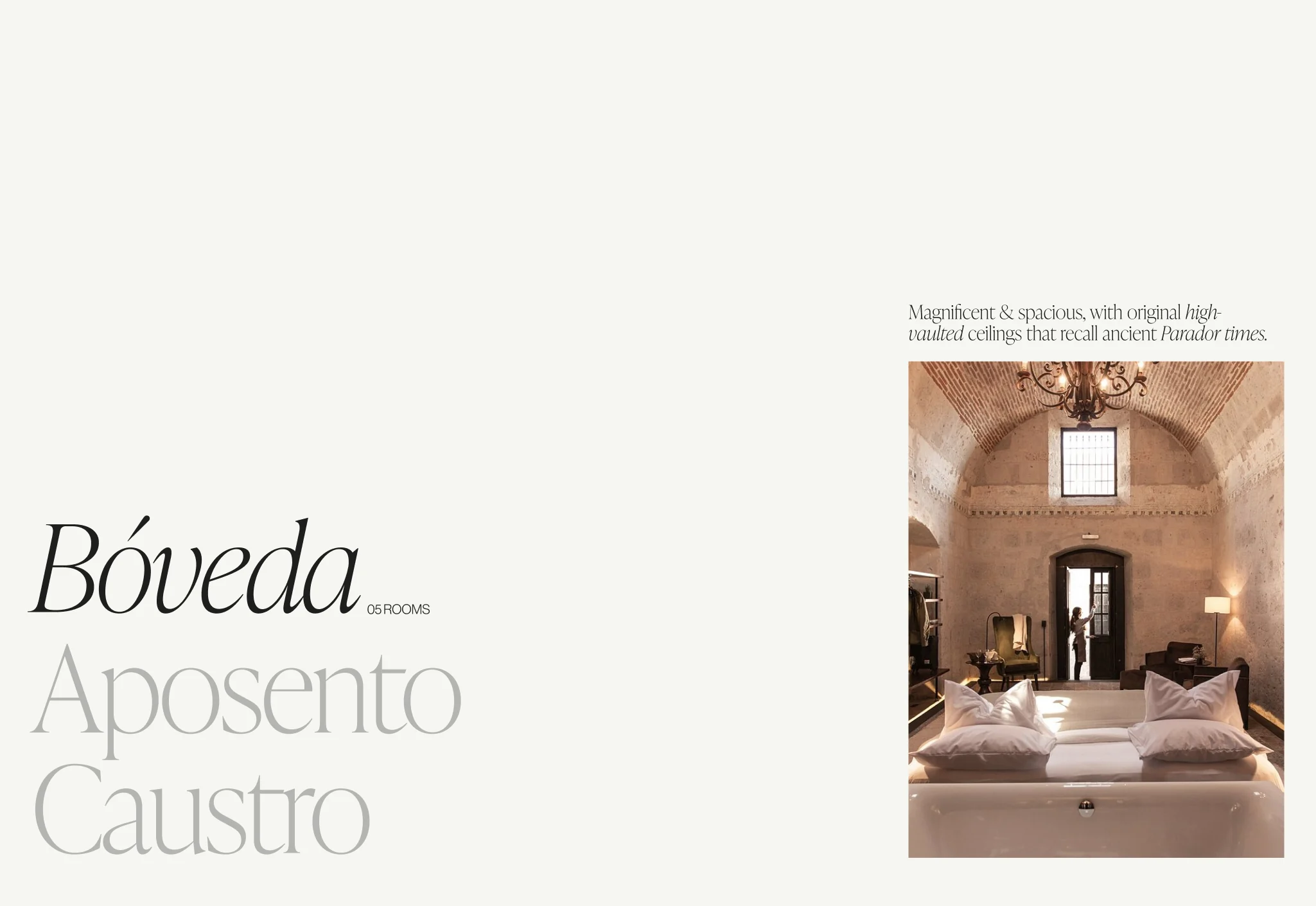 Web layout for the Bóveda rooms with a vaulted stone suite, chandelier and white bed beside serif headings, for Cirqa.